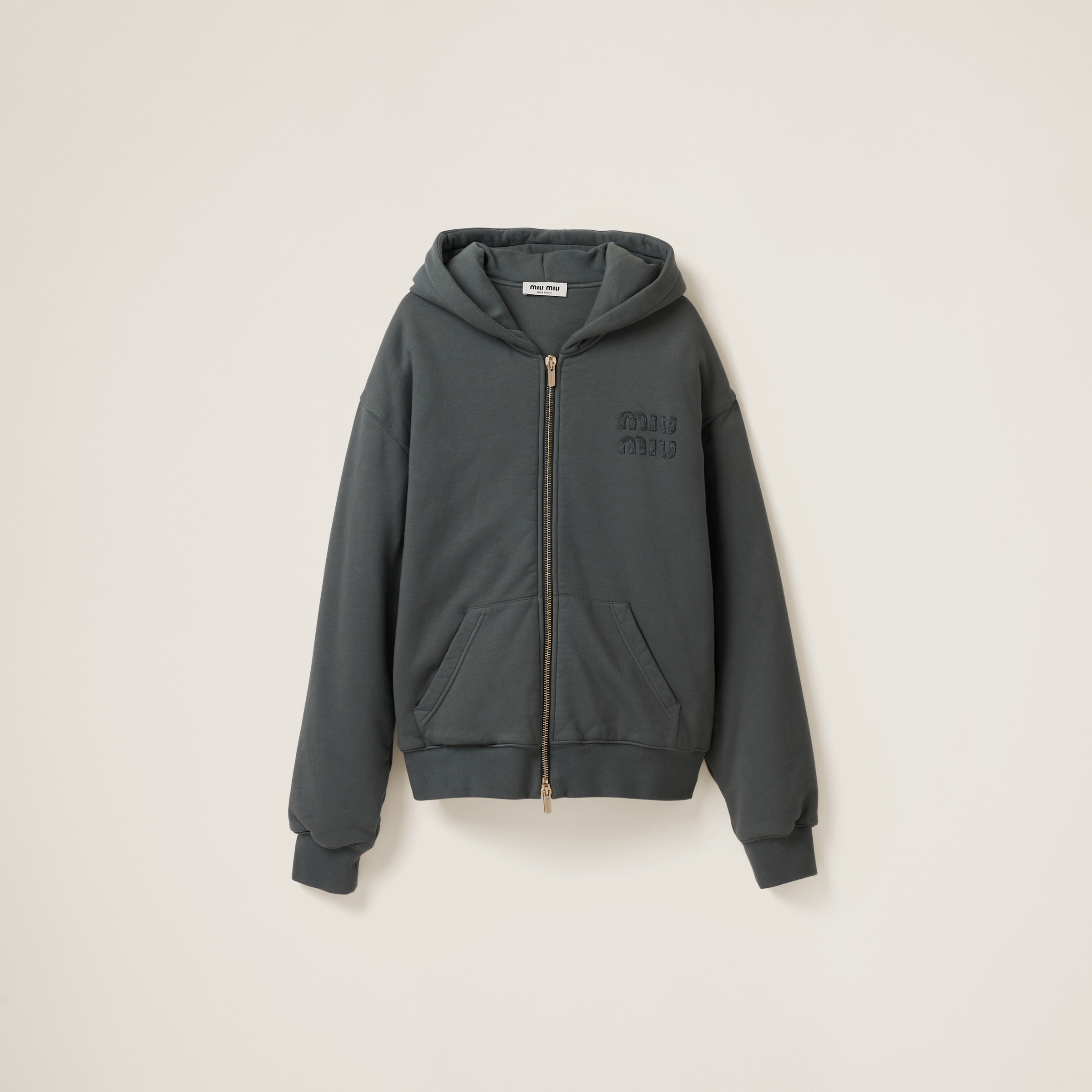 Miu Miu Garment Dyed Cotton Fleece Hoodie In Iron Grey