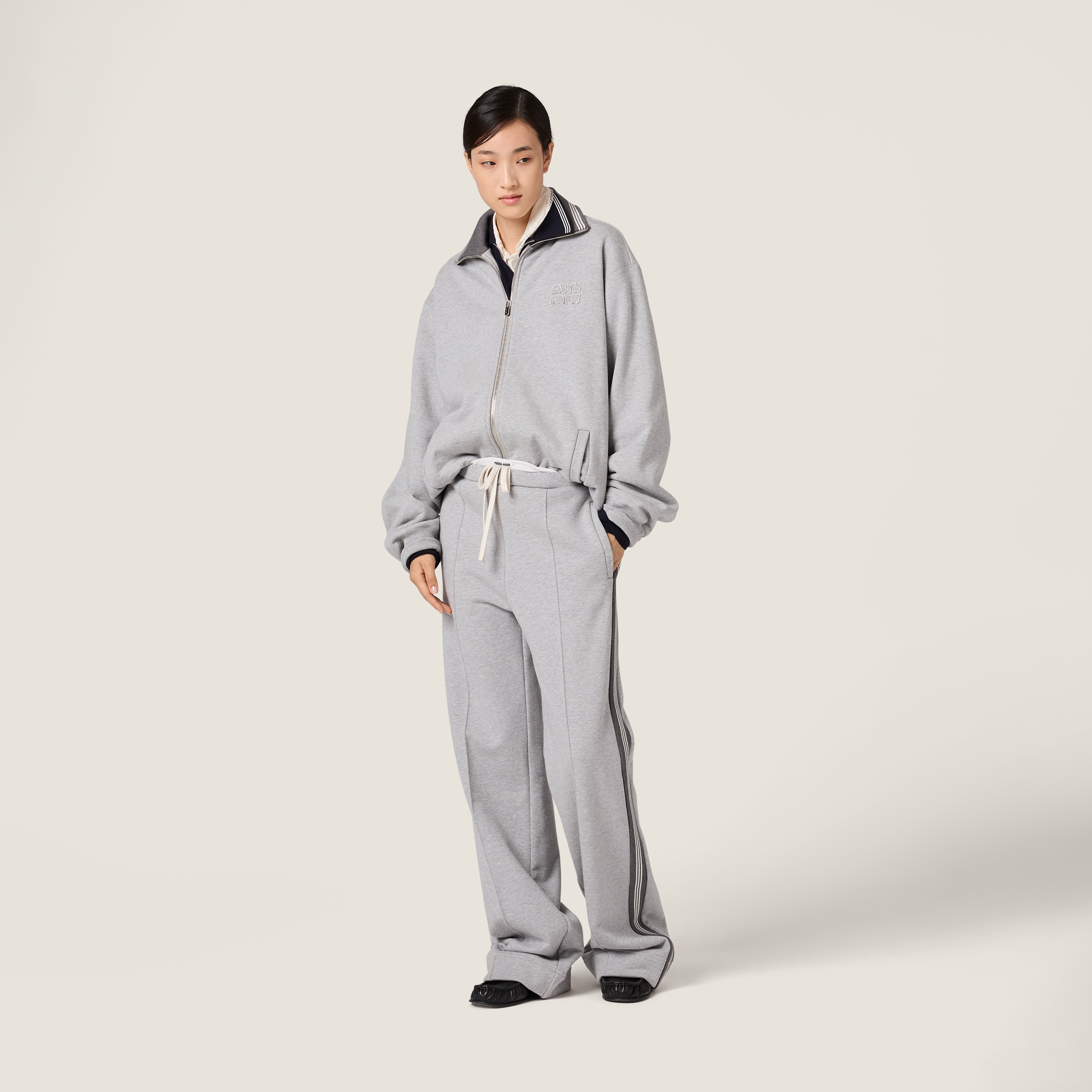 Grey Zippered Cotton Fleece Jacket | Miu Miu