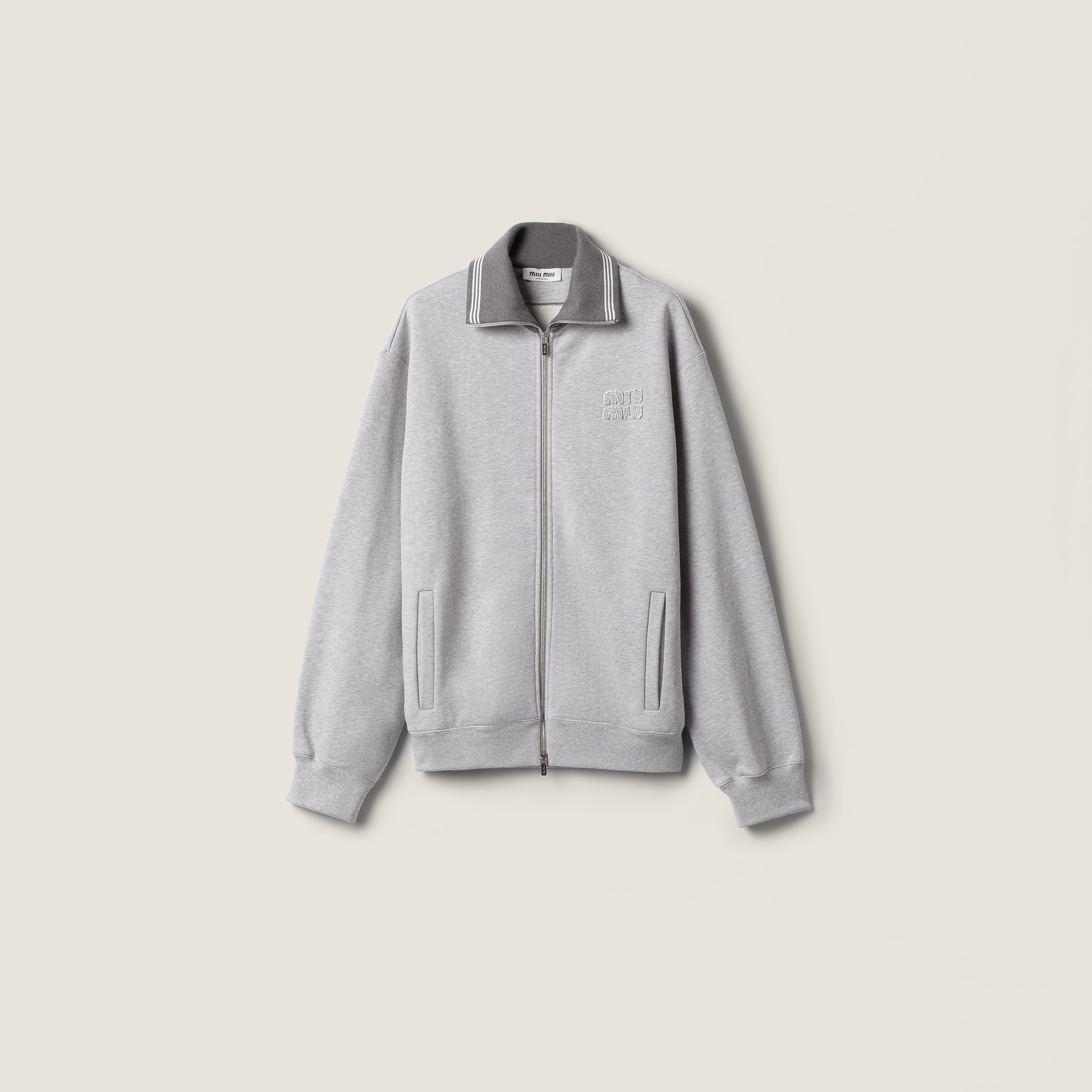 Grey Zippered Cotton Fleece Jacket | Miu Miu