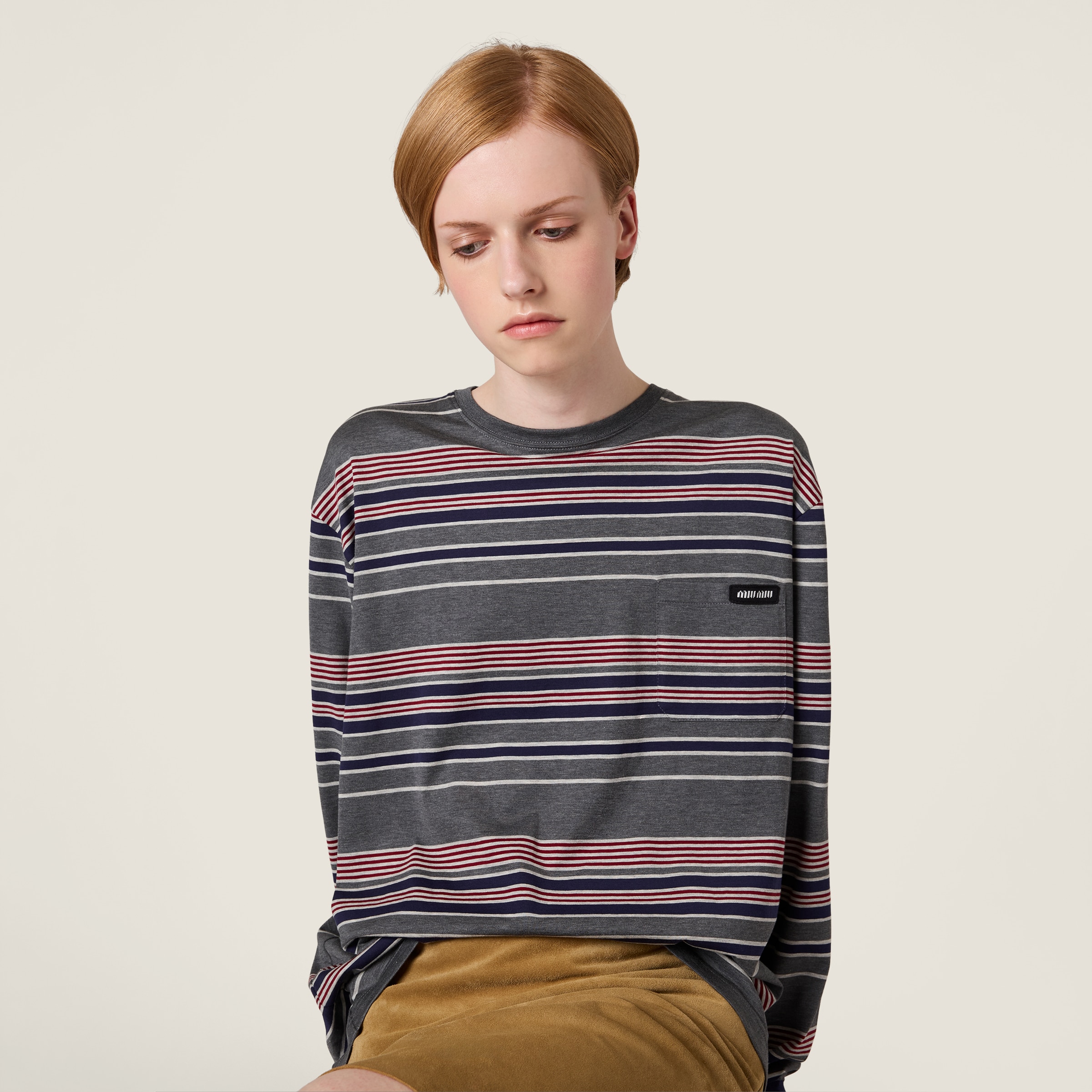 Slate Gray/blue Striped Jersey T-shirt | Miu Miu - United States