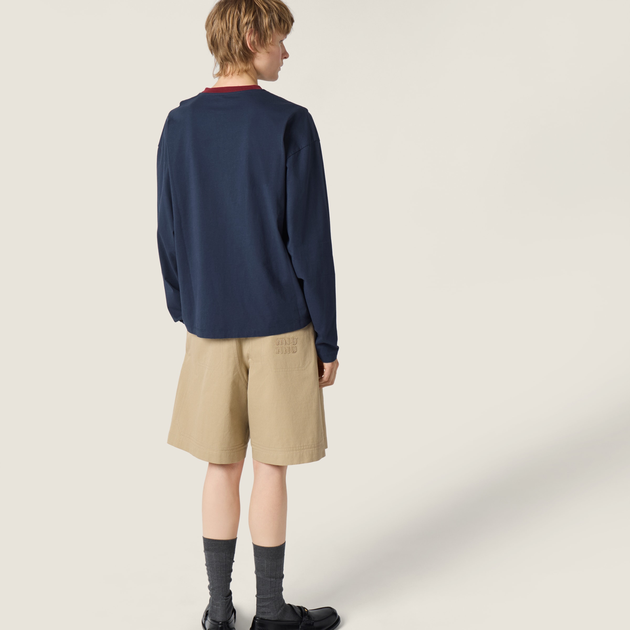 Blue/burgundy Long-sleeved Cotton Jersey T-shirt | Miu Miu