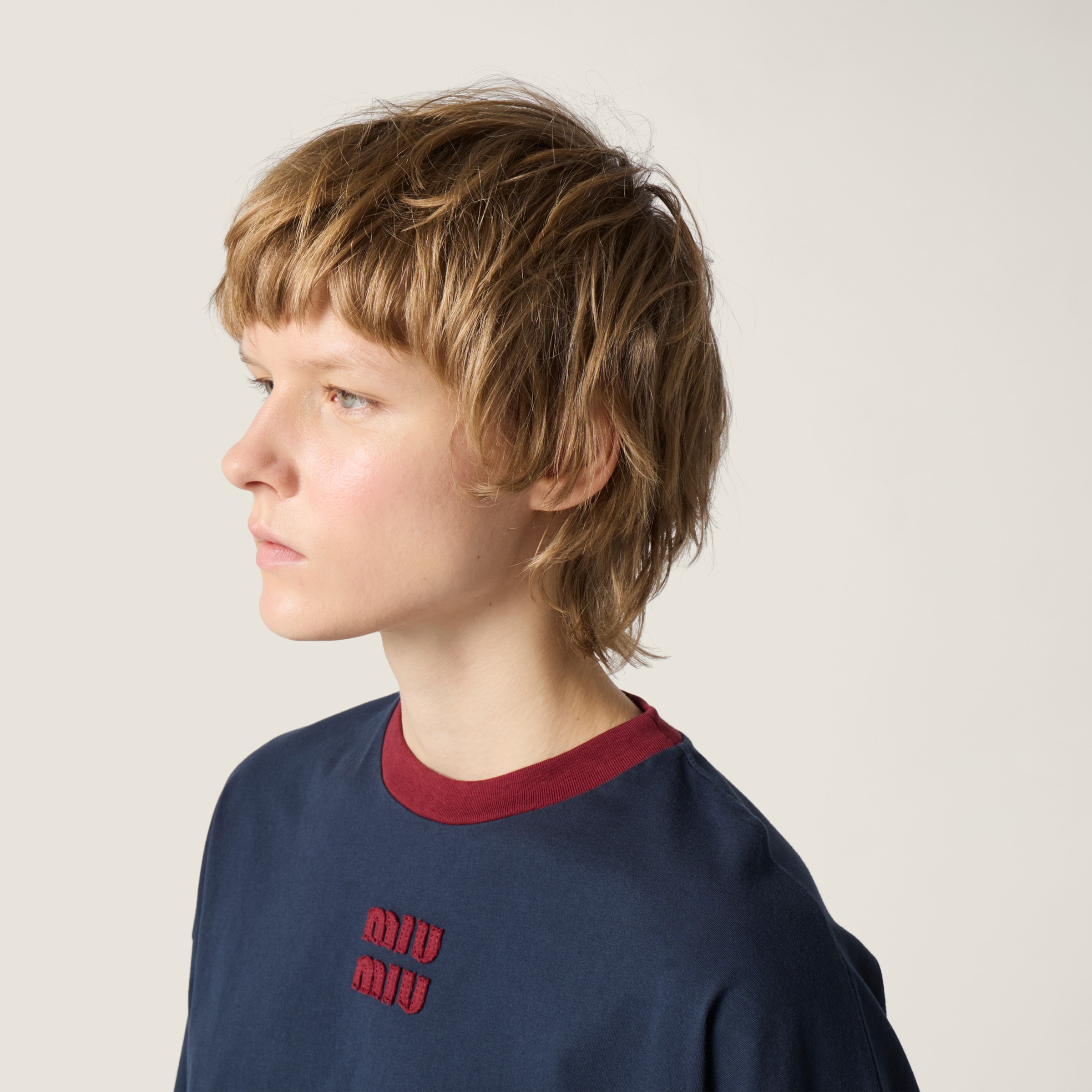 Blue/burgundy Long-sleeved Cotton Jersey T-shirt | Miu Miu