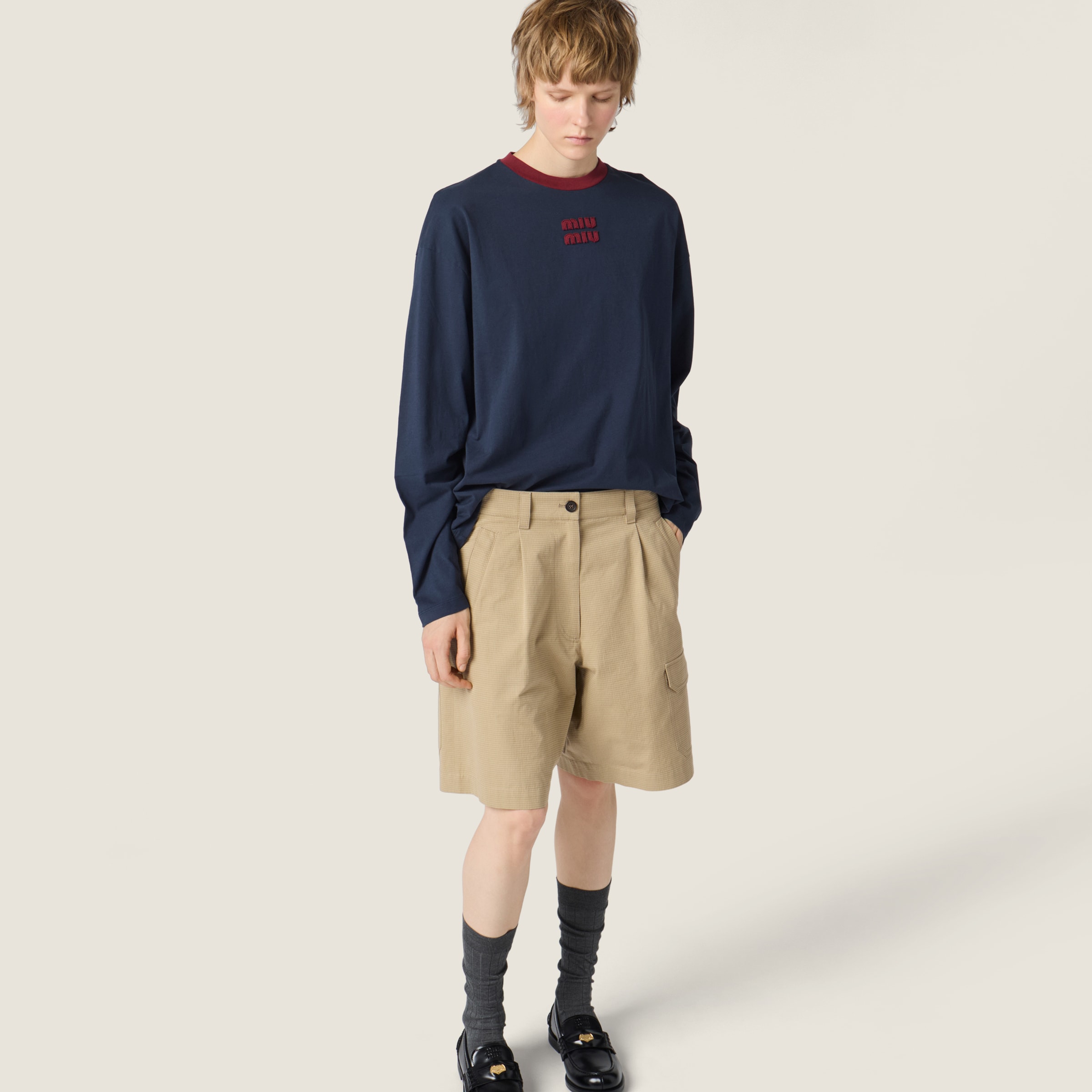 Blue/burgundy Long-sleeved Cotton Jersey T-shirt | Miu Miu