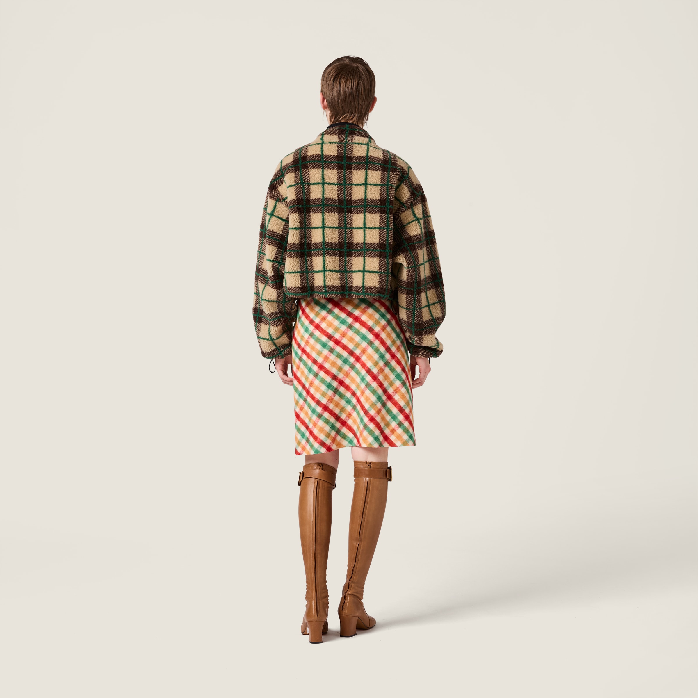 Albino/cocoa Checked Teddy Jacket With Zipper | Miu Miu - United Albino/cocoa Checked Teddy Jacket With Zipper | Miu Miu - United