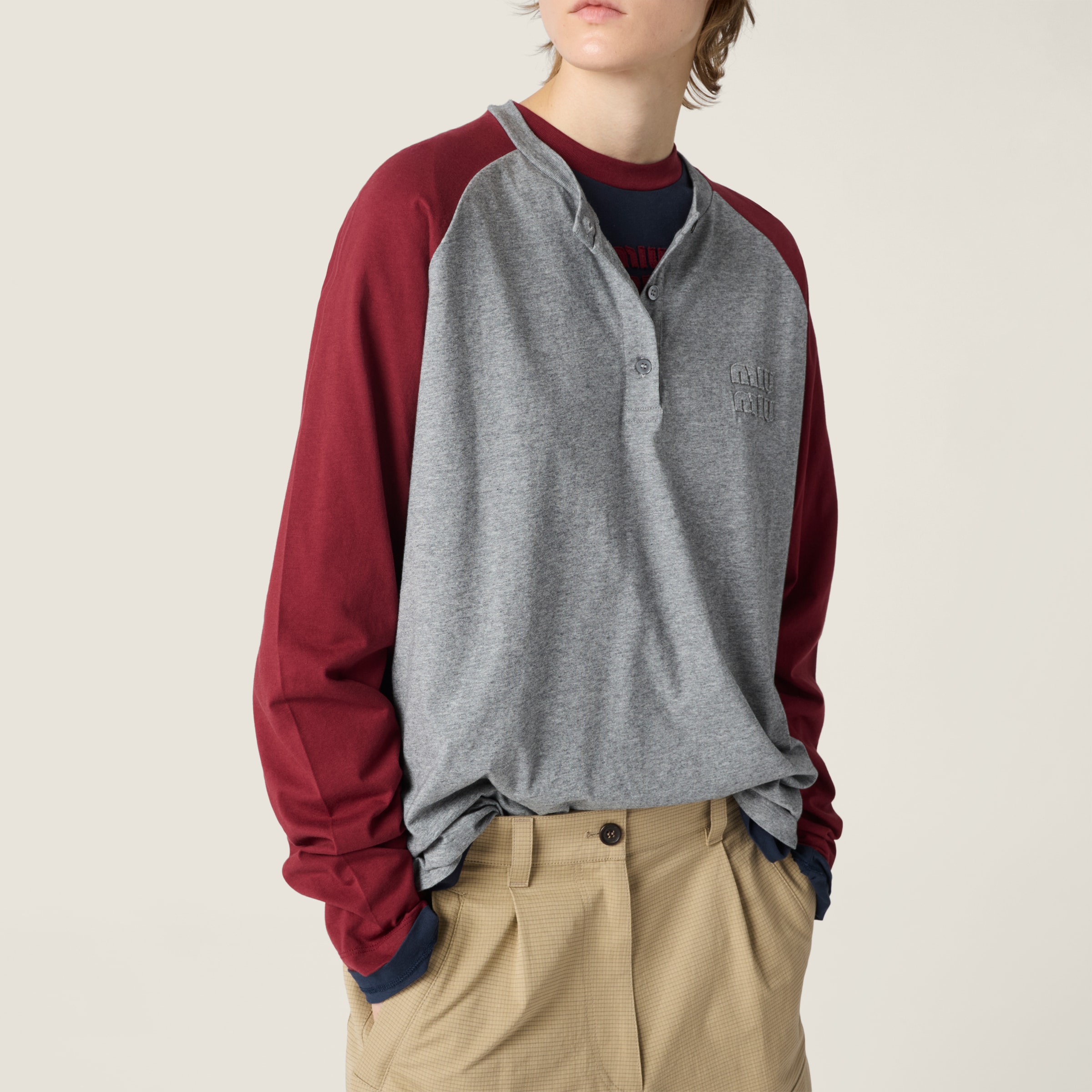 Amaranth/grey Cotton Jersey Henley Shirt | Miu Miu