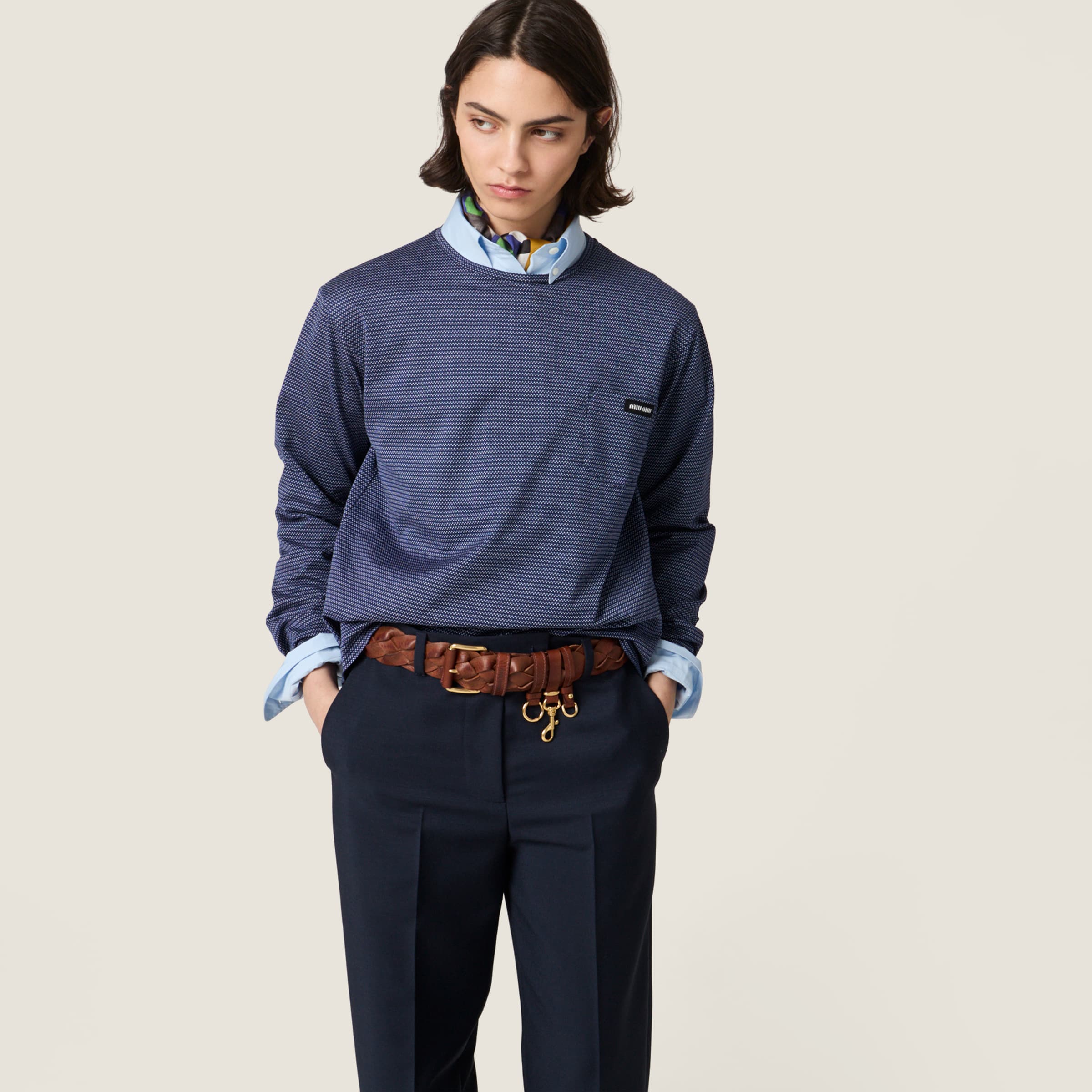 Royal Blue /white Jacquard Jersey T-shirt | Miu Miu - United States