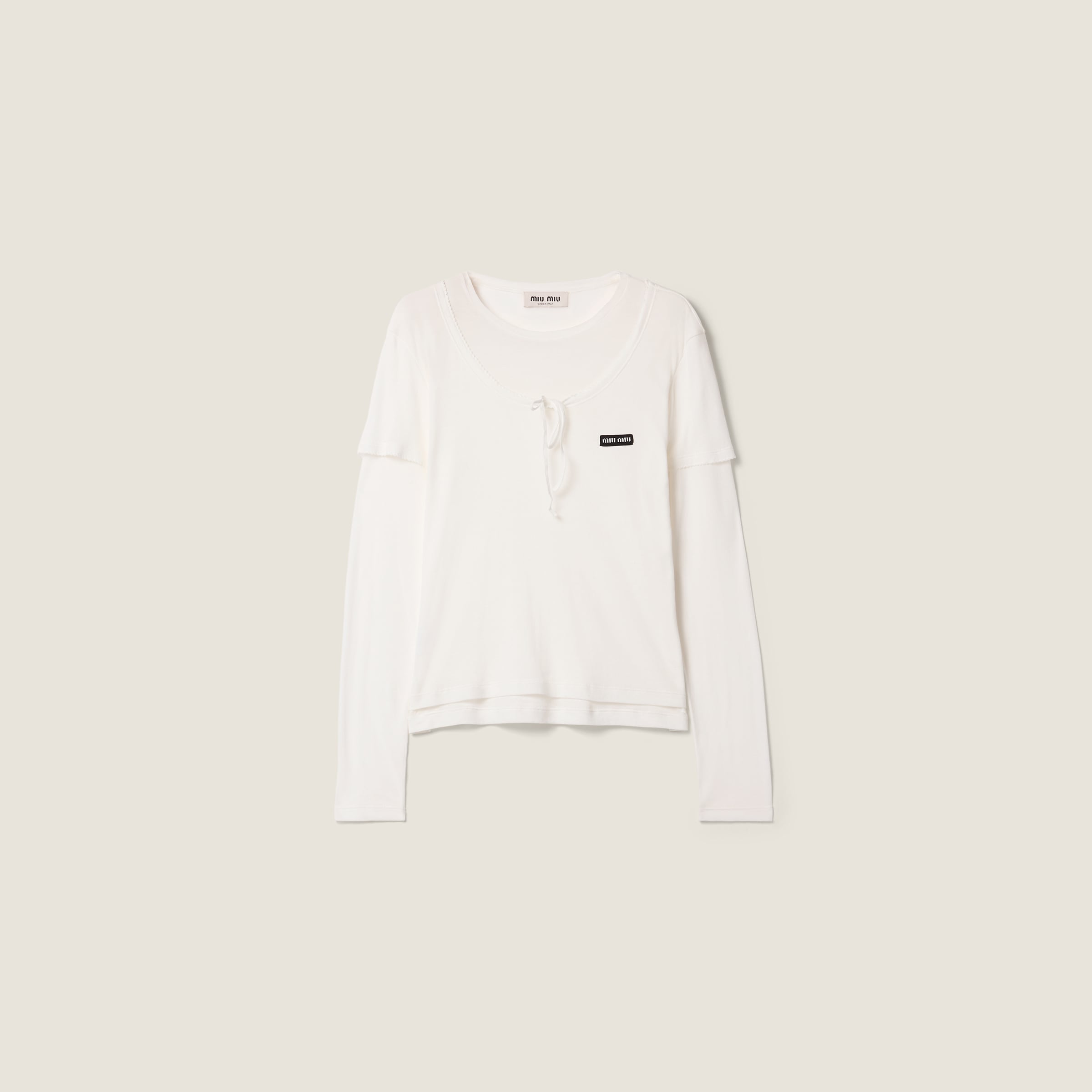 Miu Miu ホワイト 長袖 Tシャツ White Ribbed Knit Jersey T-shirt | Miu Miu - United States