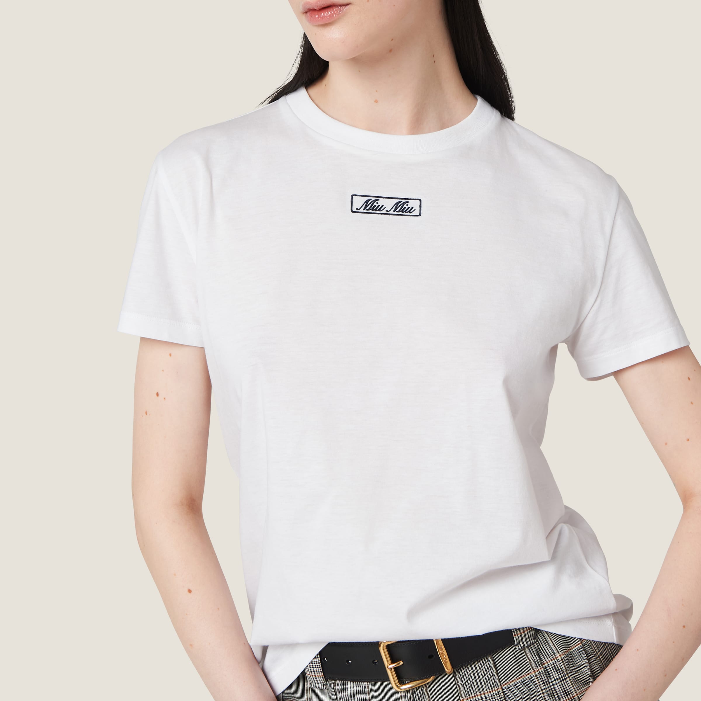 Shop Miumiu Embroidered Cotton Jersey T-shirt In White