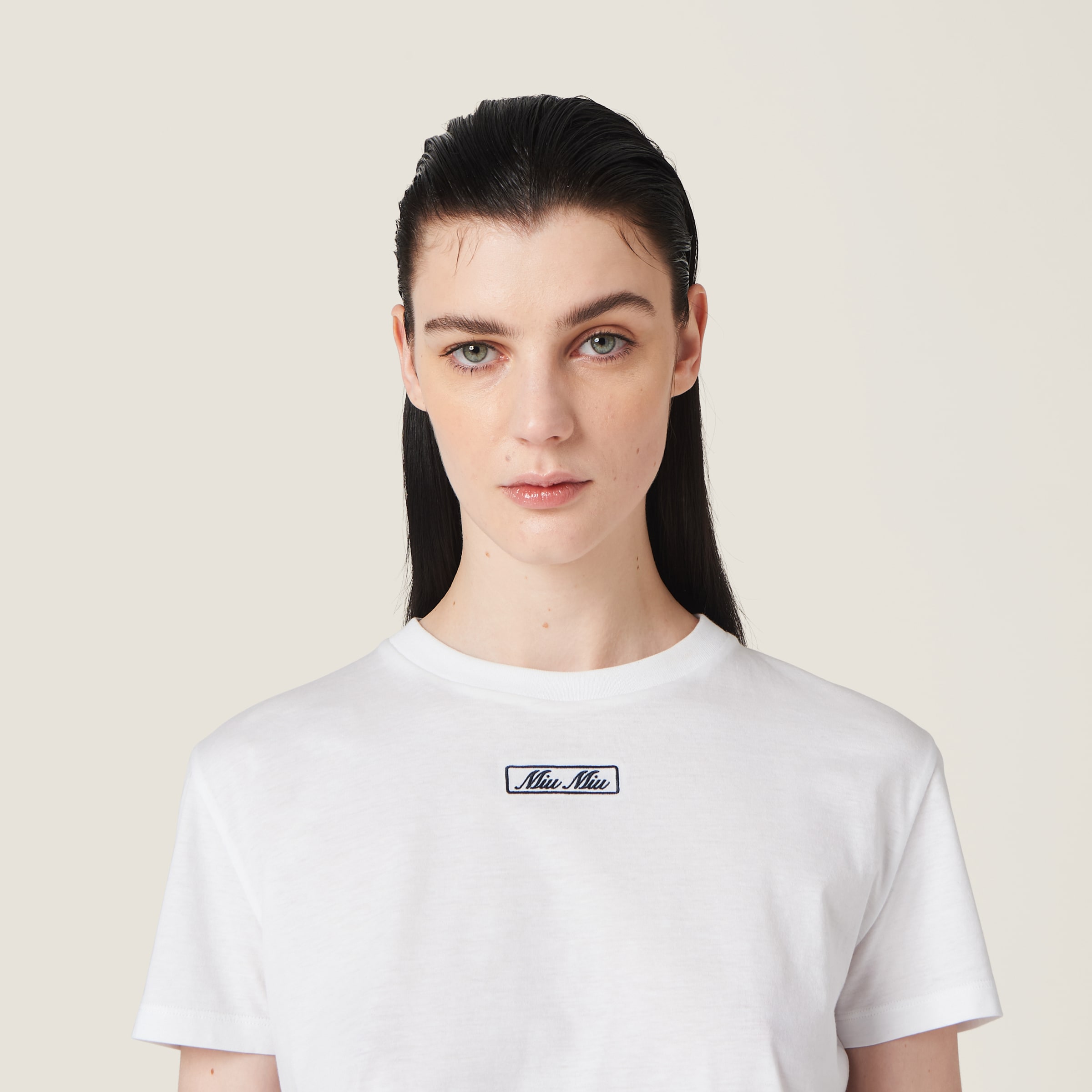 ホワイト エンブロイダリー コットンジャージー Tシャツ | Miu Miu