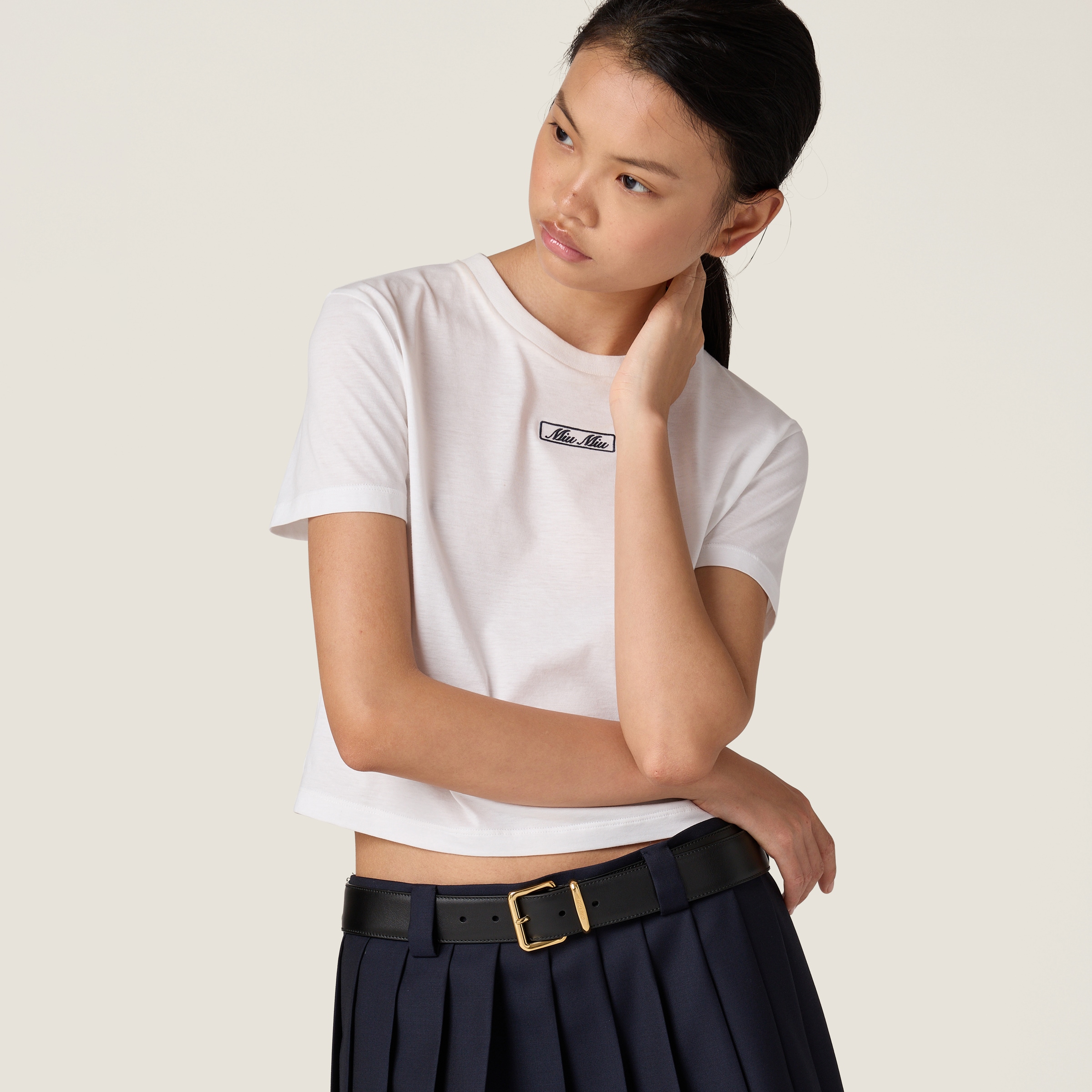 White Embroidered Cotton Jersey T-shirt | Miu Miu