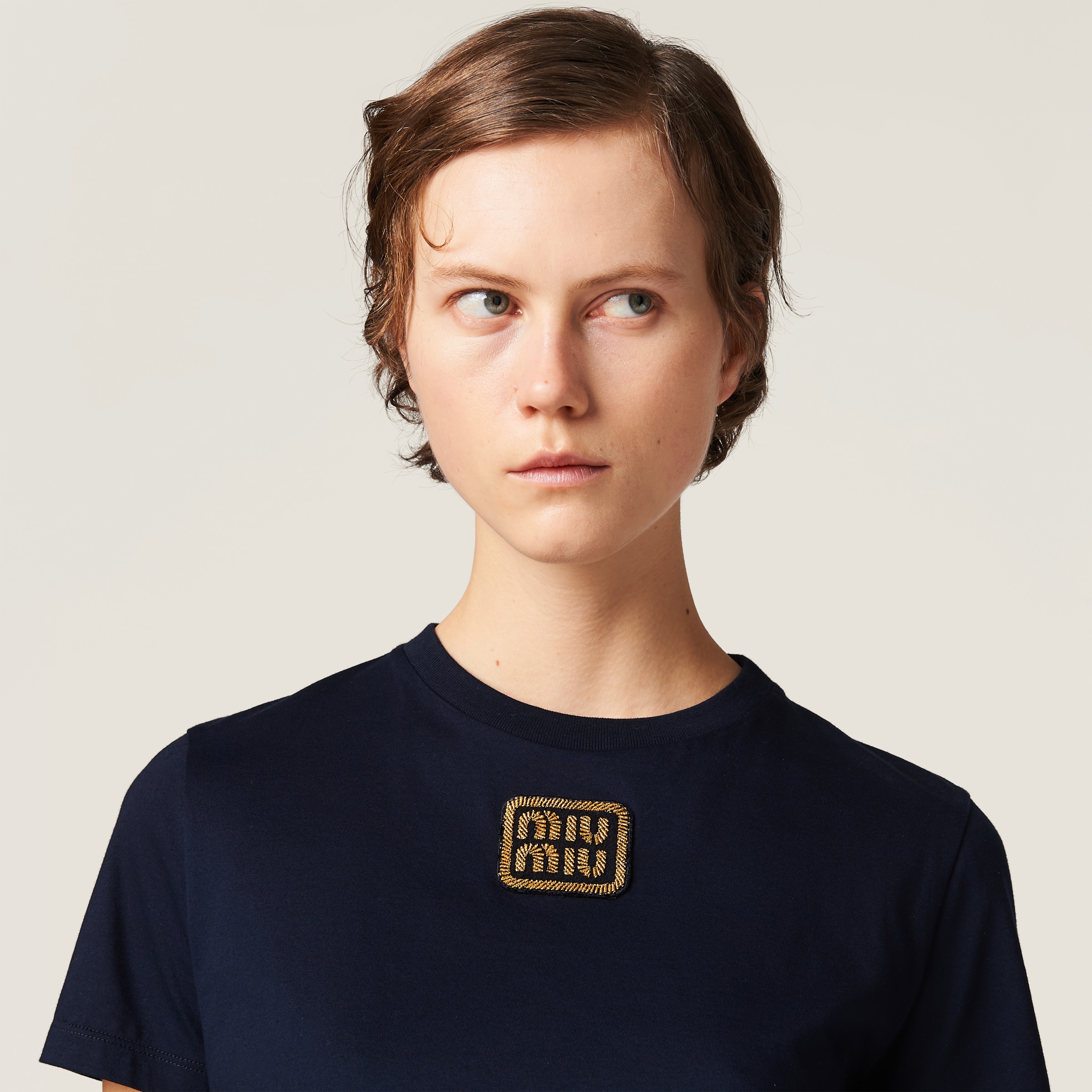 Shop Miumiu Cotton Jersey T-shirt In Navy