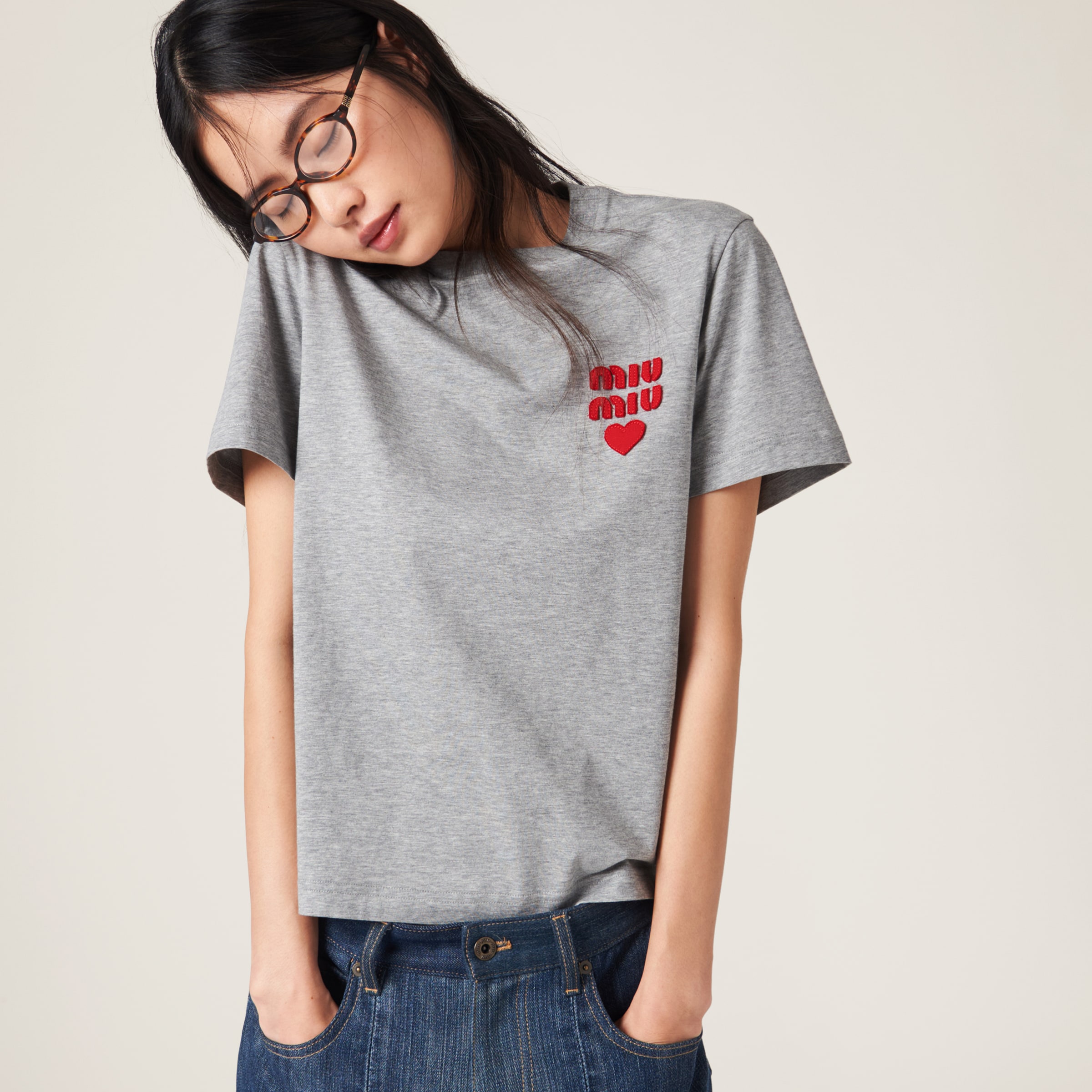 Shop Miumiu Cotton Jersey T-shirt In Grey