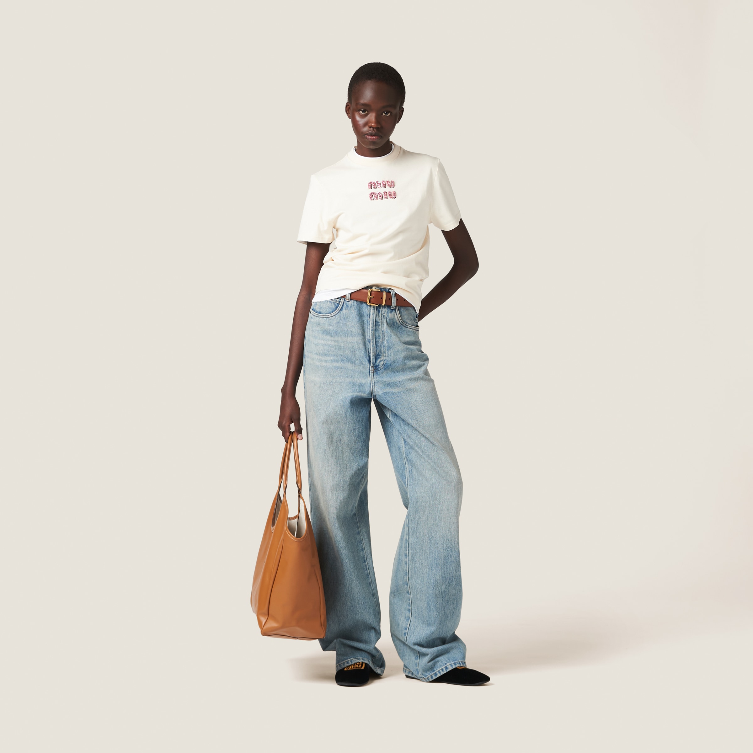Tan / Pink Jersey T-shirt | Miu Miu