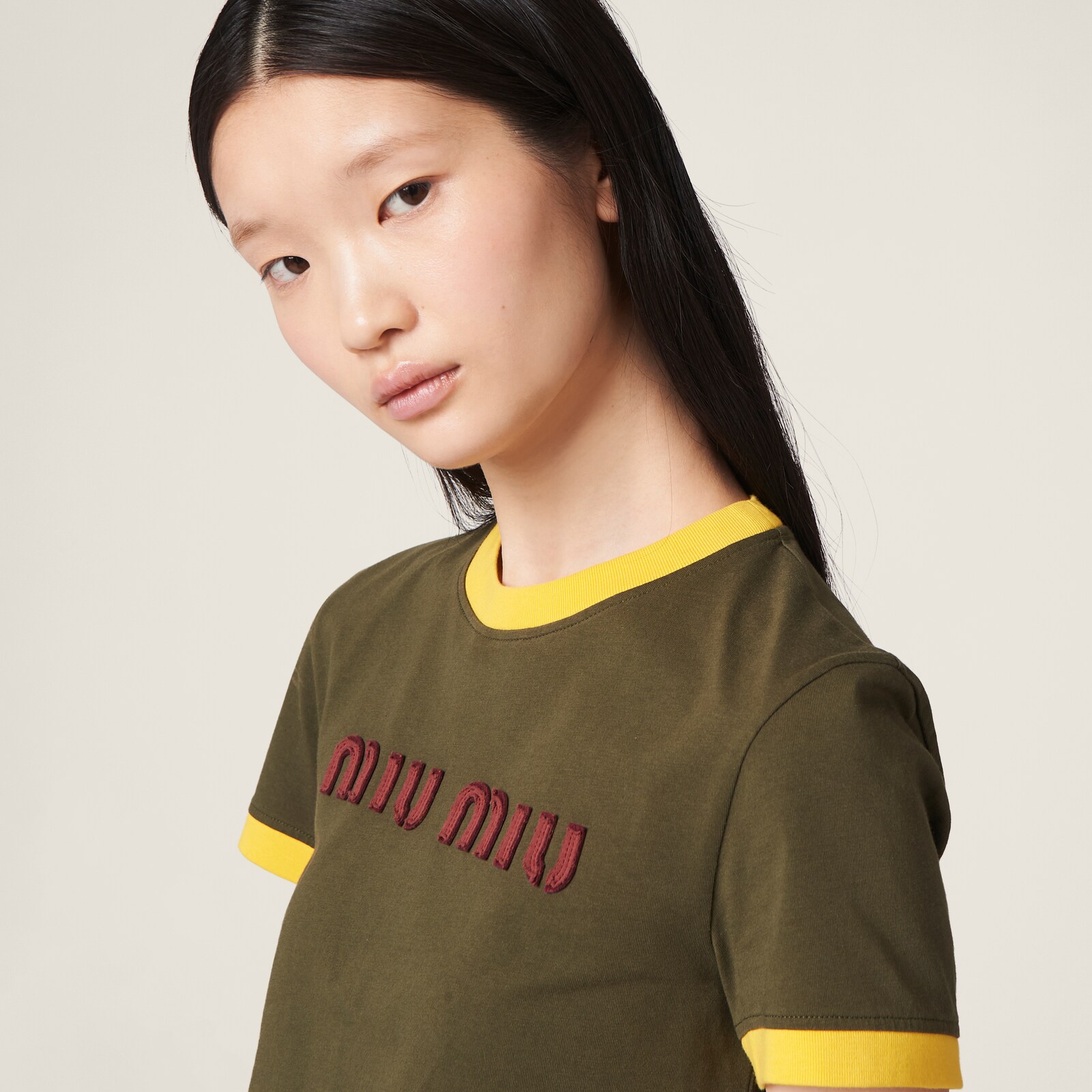 MIUMIU cotton Border Jersey Short sleeve T-shirt tops MJN537 Navy x orange XS