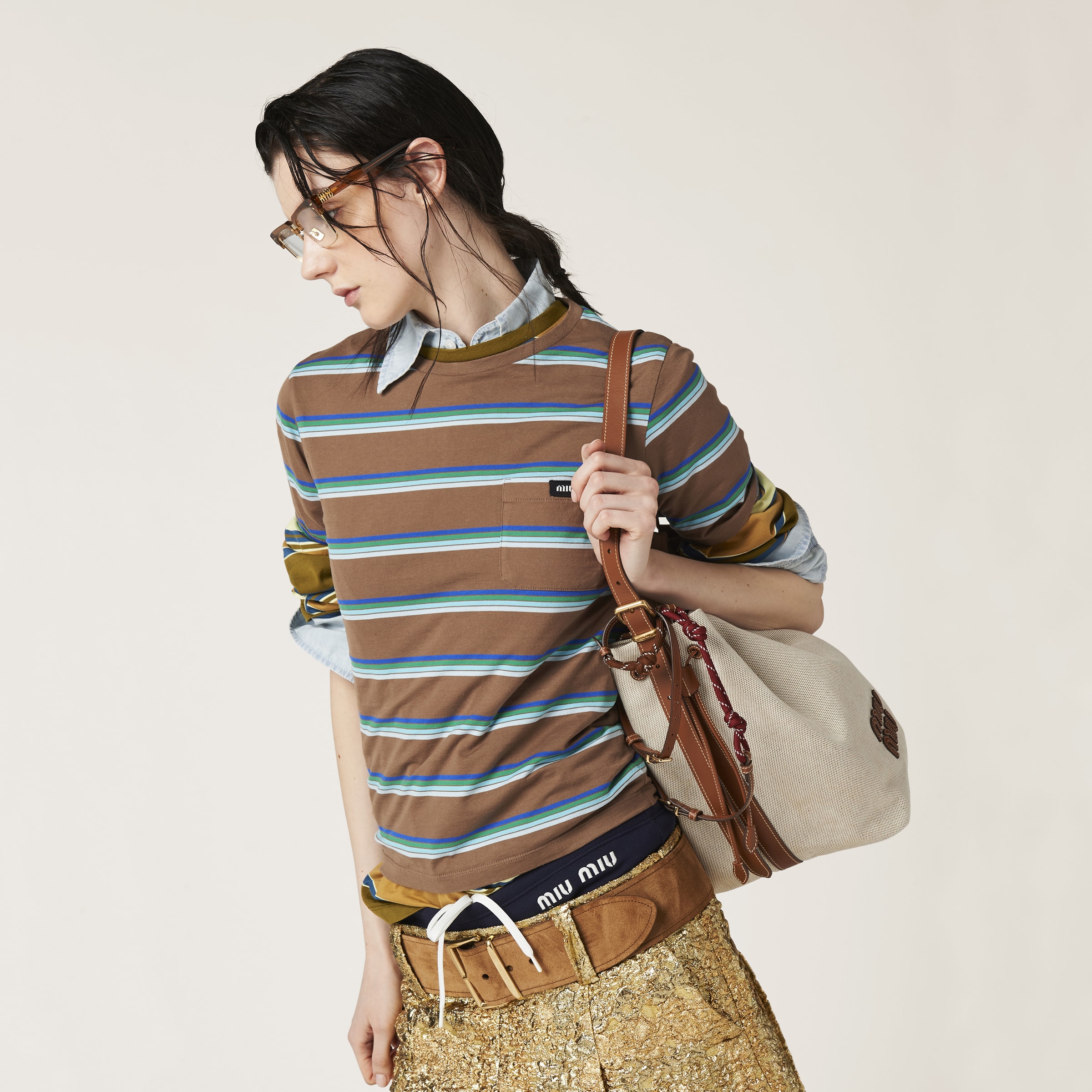 Shop Miumiu Jersey T-shirt In Tobacco/bluette/green