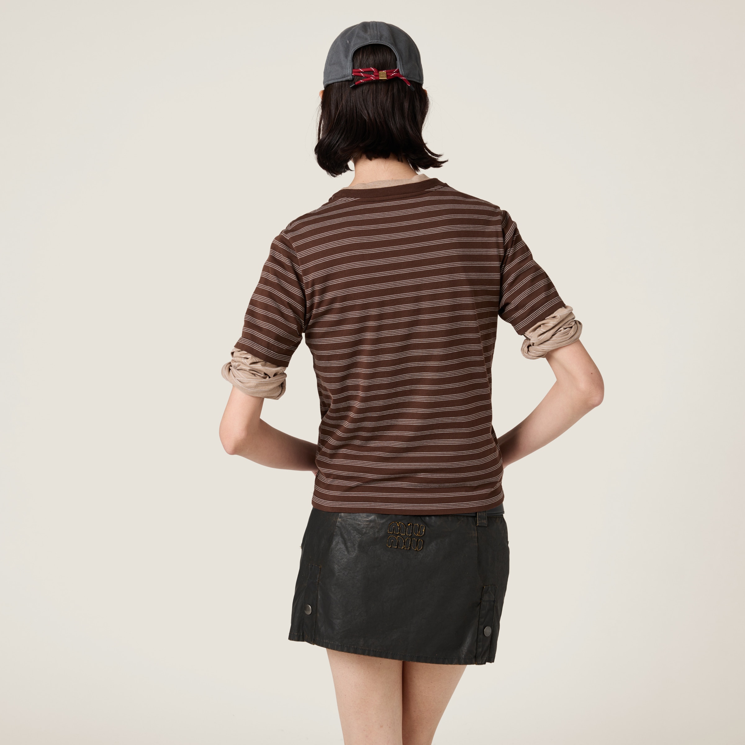 Miu Miu Striped T-shirt In Cocoa Brown/white