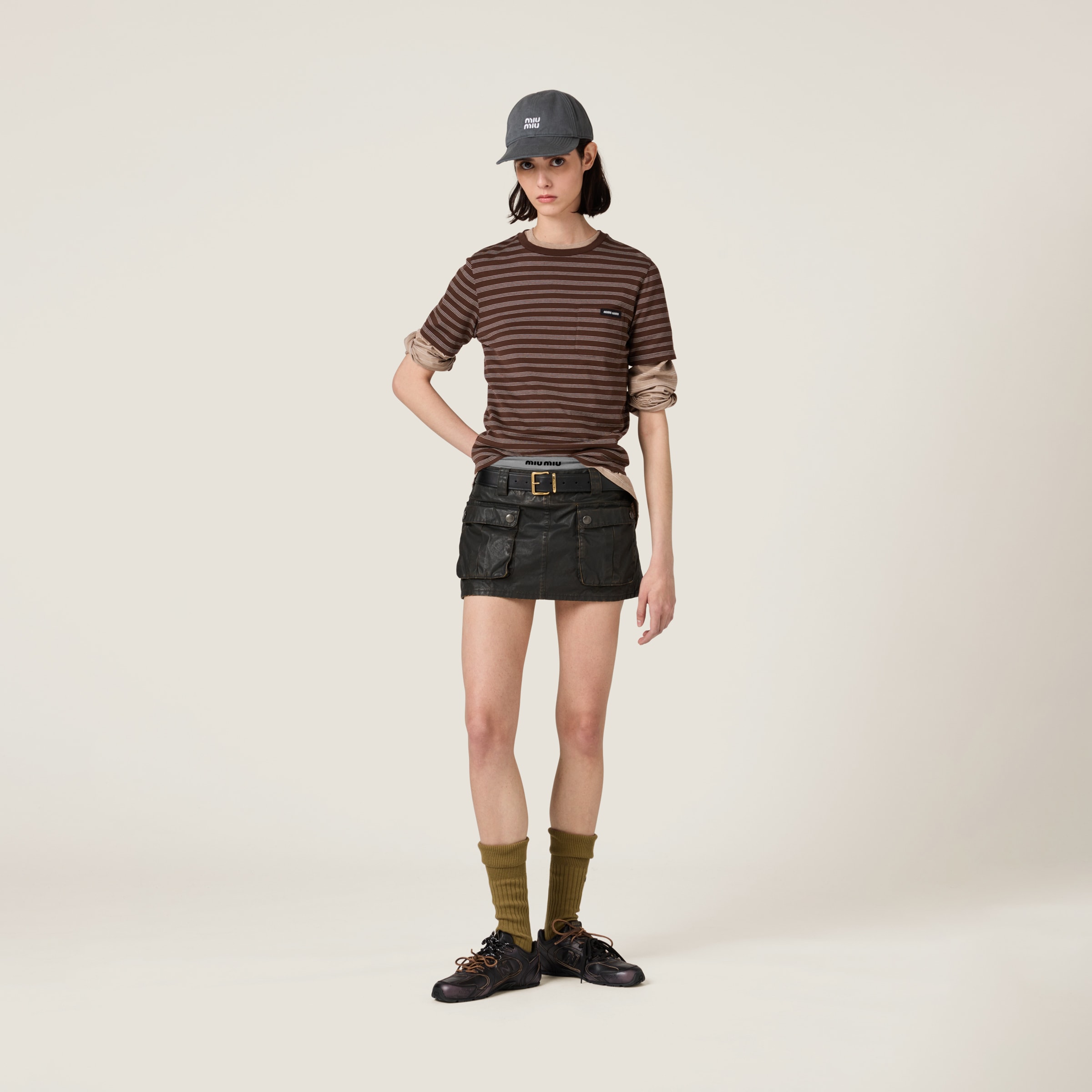 Miu Miu Striped T-shirt In Cocoa Brown/white