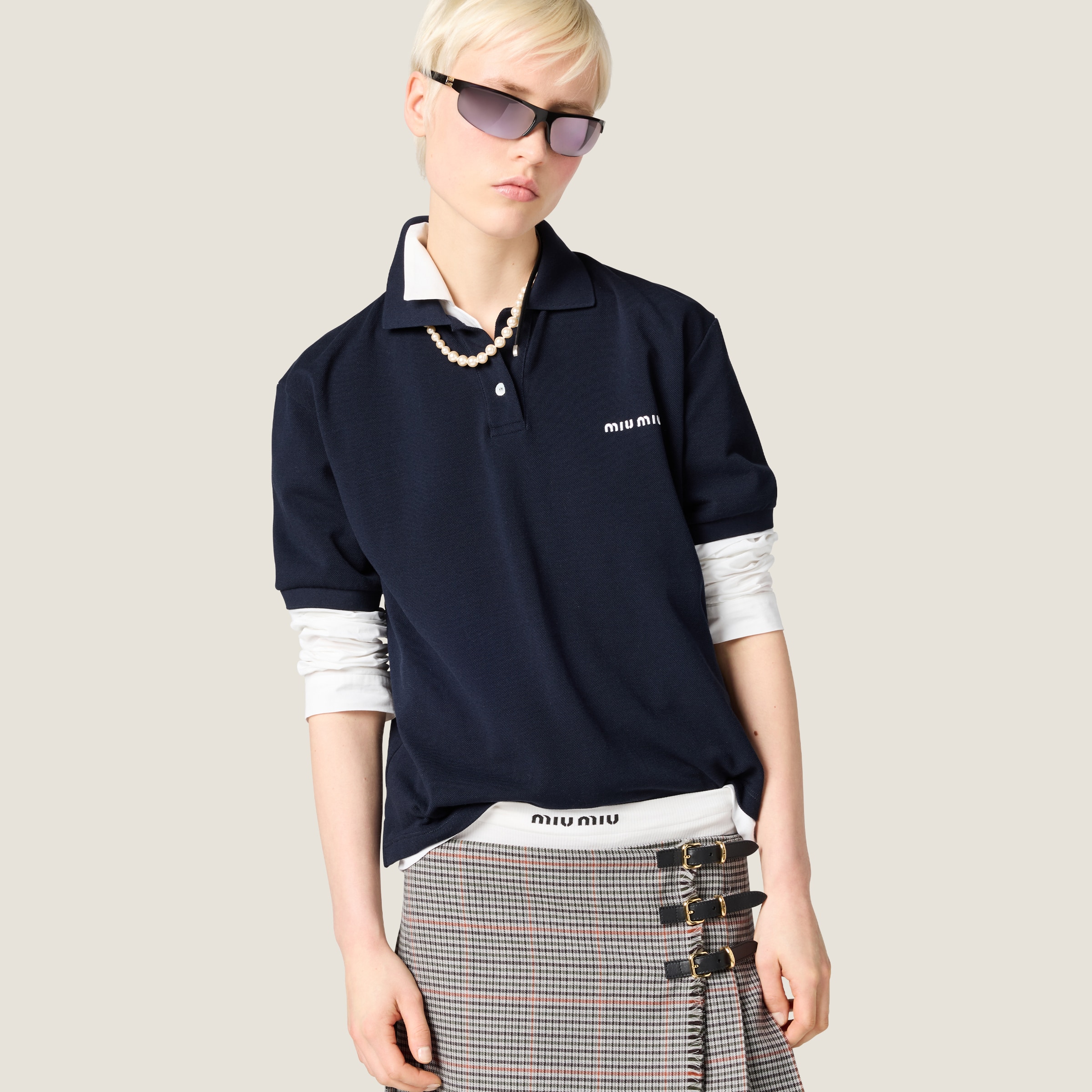 Navy Piqué And Jersey Polo Shirt | Miu Miu