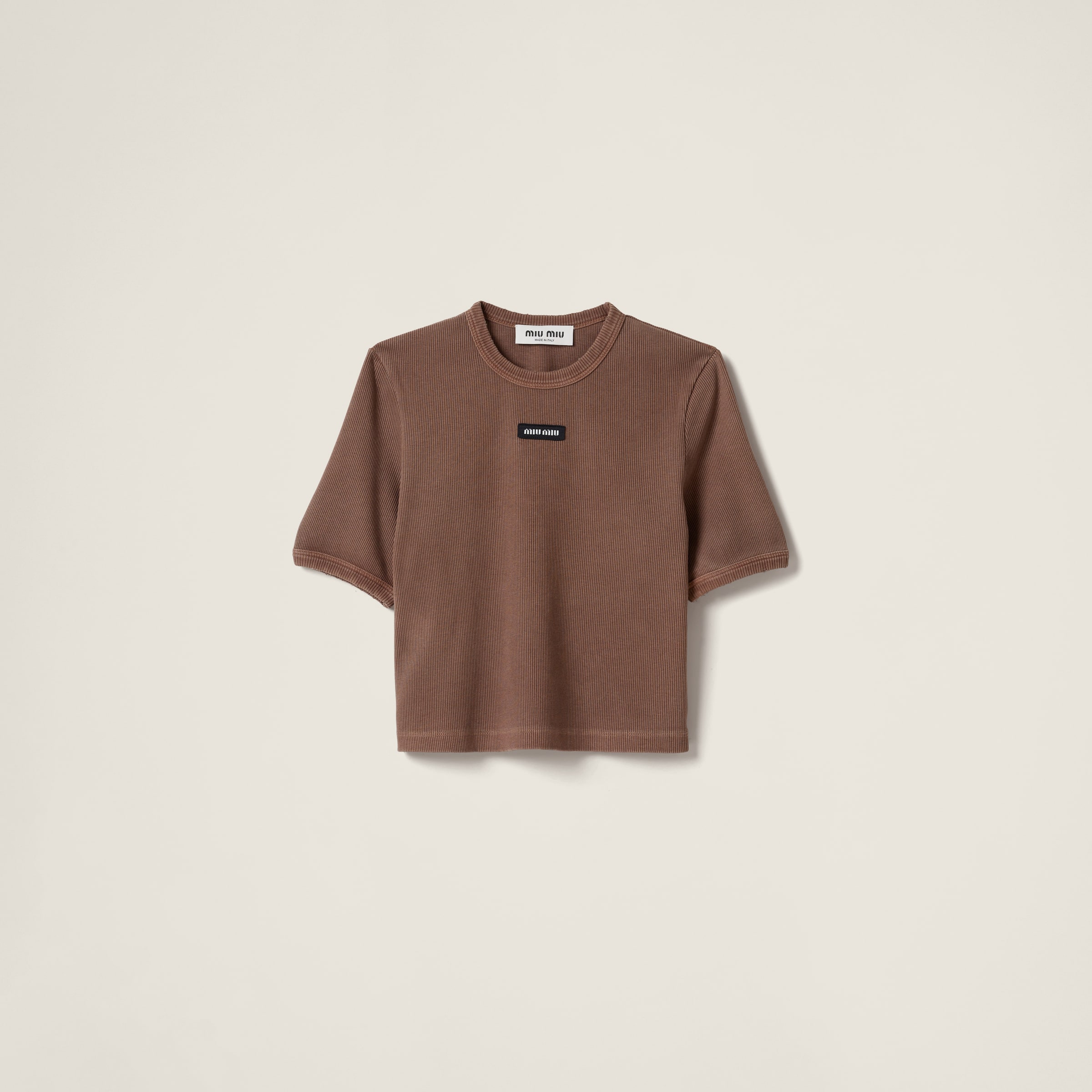 Cocoa Brown Garment-dyed Ribbed Jersey T-shirt | Miu Miu