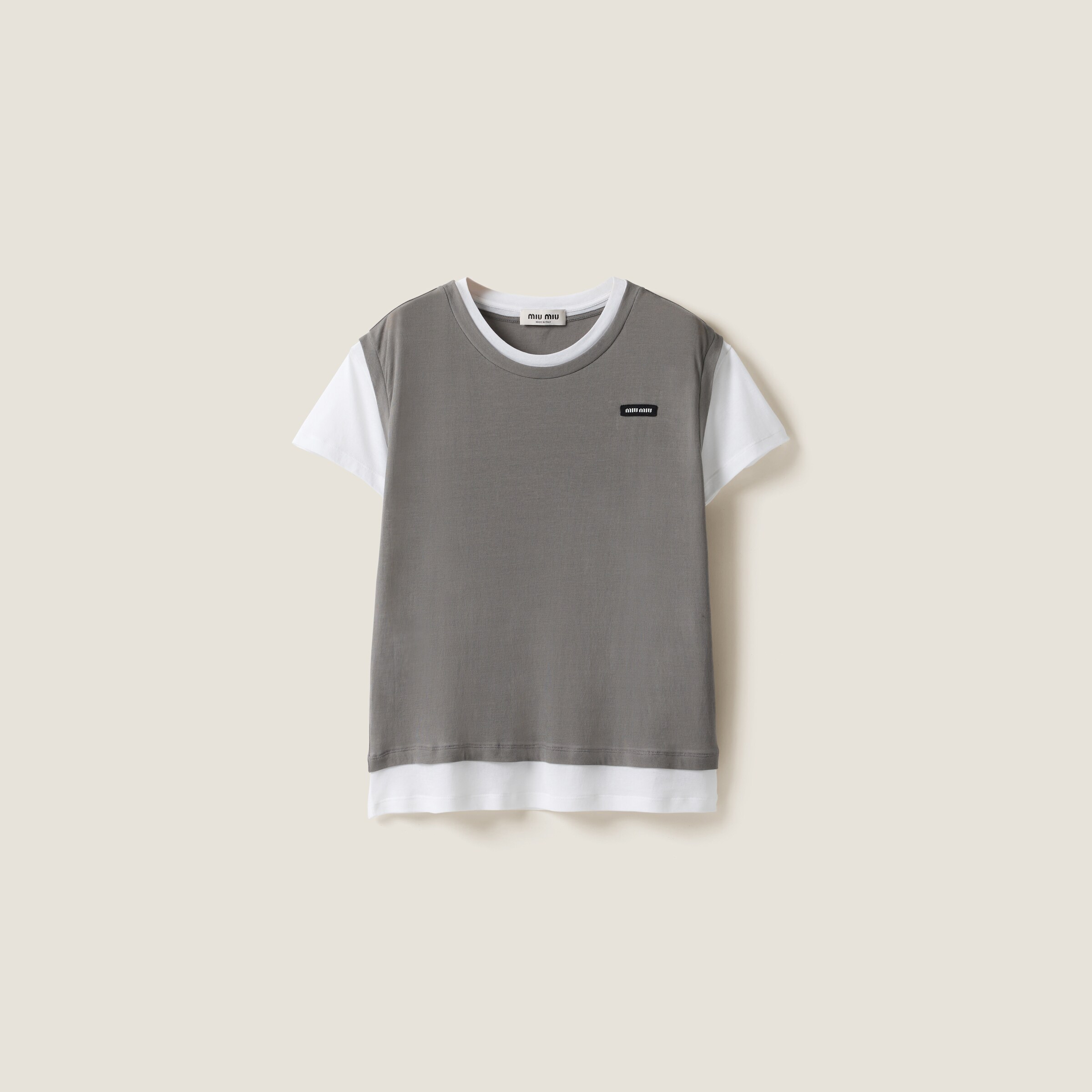 ホワイト/シルバーグレー リブ編み ジャージー Tシャツ | Miu Miu ホワイト/シルバーグレー リブ編み ジャージー Tシャツ | Miu Miu