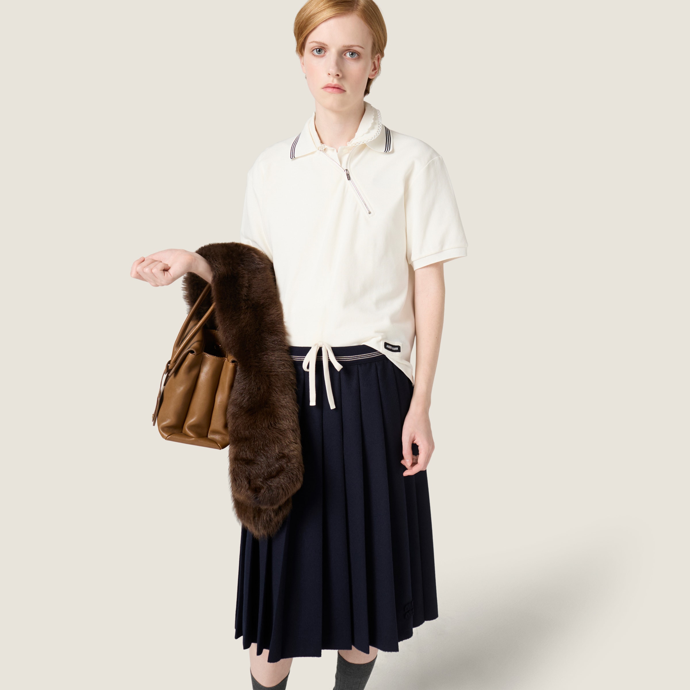 White Cotton Piqué Zippered Polo Shirt | Miu Miu