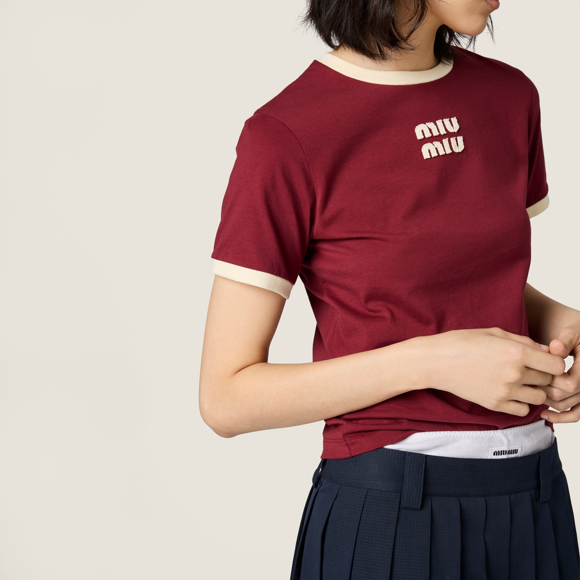 Amaranth/chalk White Cotton Jersey T-shirt | Miu Miu - United States
