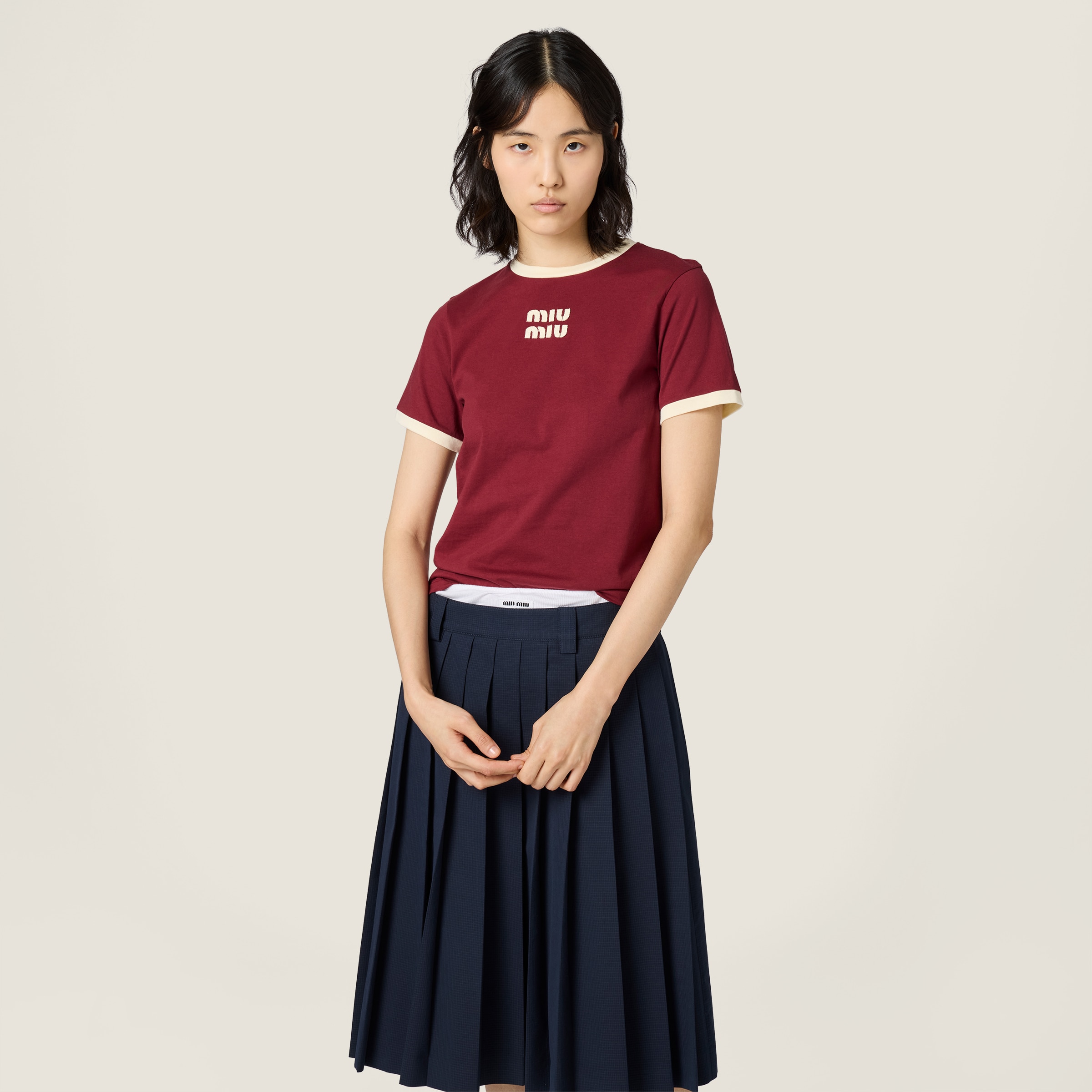 Amaranth/chalk White Cotton Jersey T-shirt | Miu Miu - United States