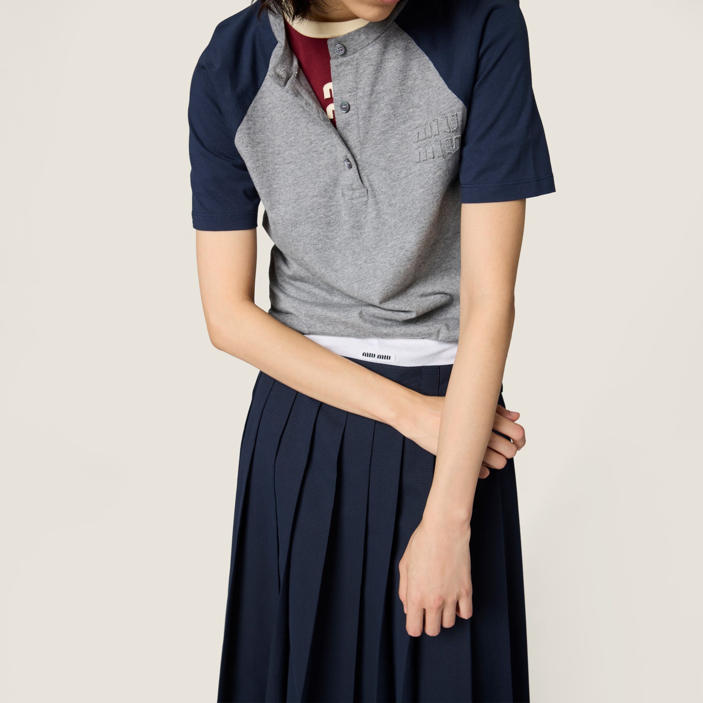 Grey+blue Cotton Jersey Henley Shirt | Miu Miu