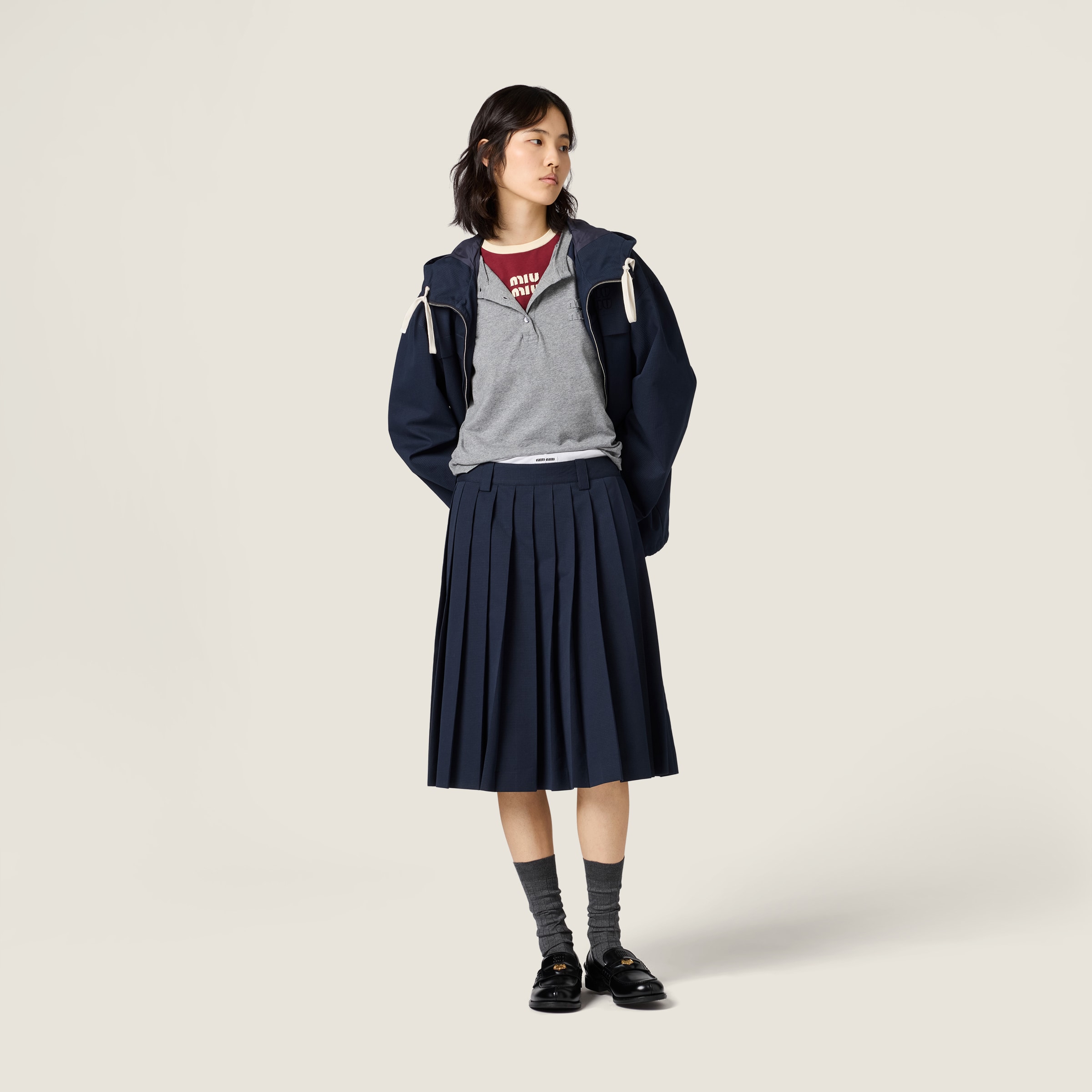 Grey+blue Cotton Jersey Henley Shirt | Miu Miu