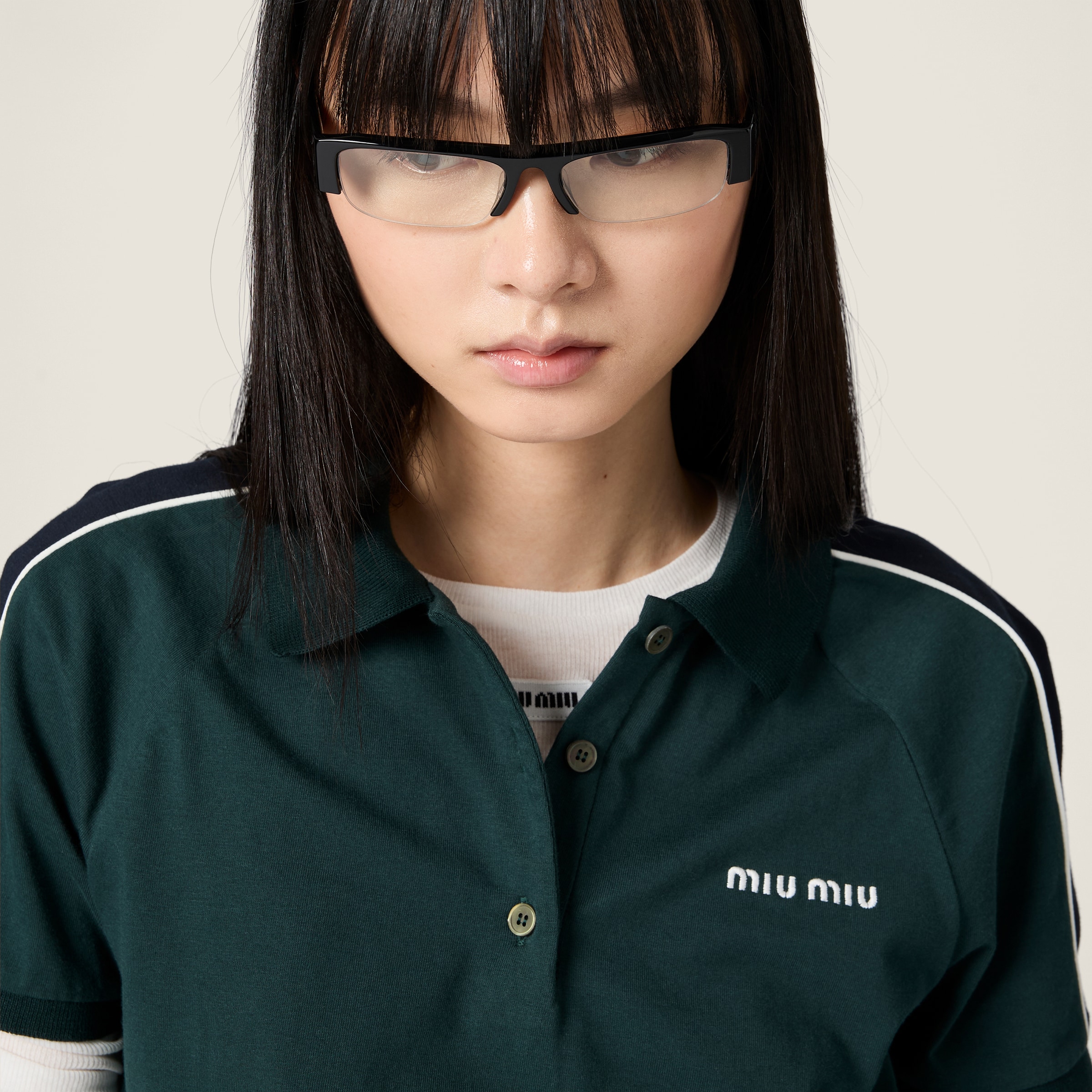Bottle Green/blue Cotton Jersey Polo Shirt | Miu Miu - United States