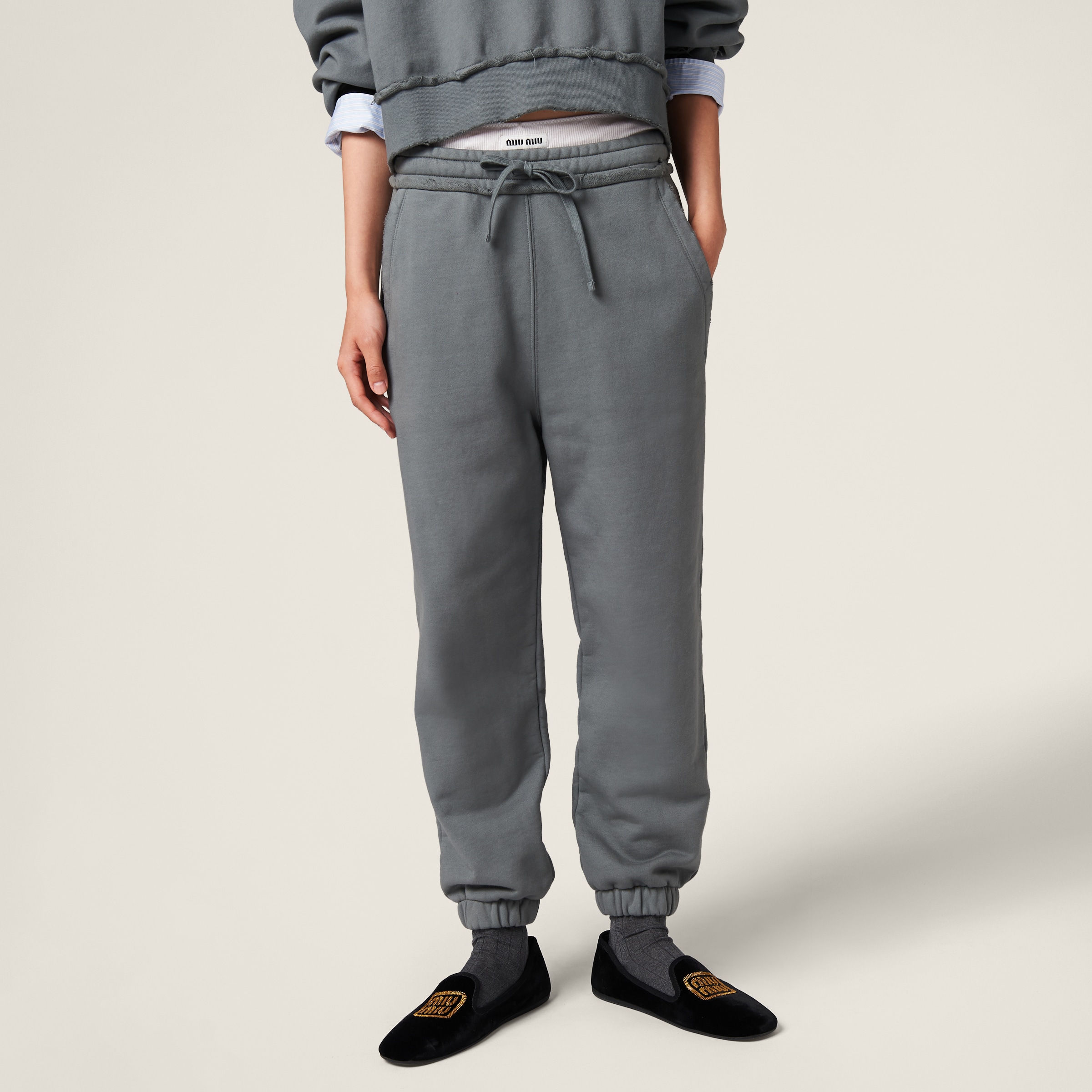 Iron Gray Garment-dyed Cotton Fleece Pants | Miu Miu