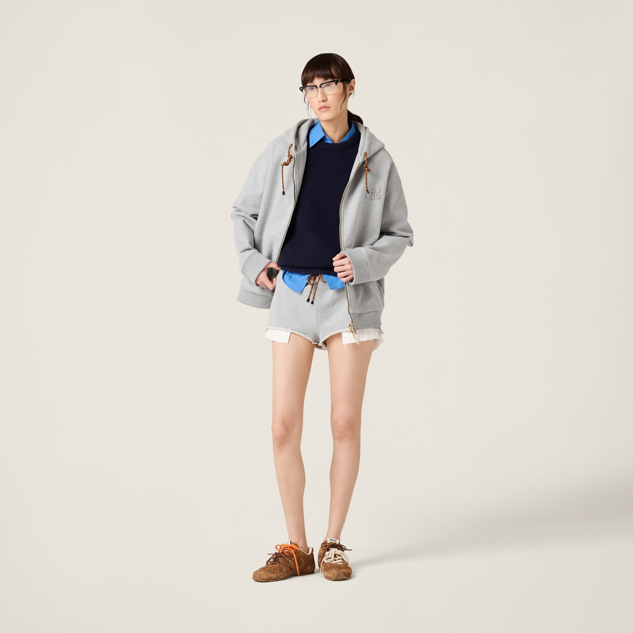 Miu Miu Cotton Fleece Shorts In Grey