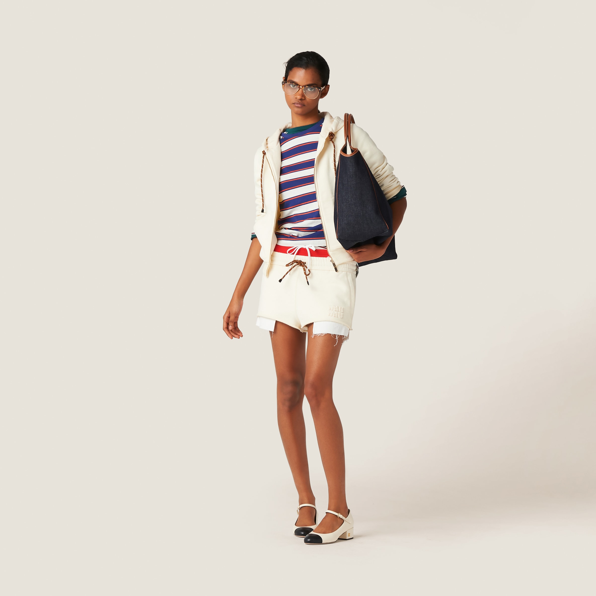 Miu Miu Cotton Fleece Shorts In Natural