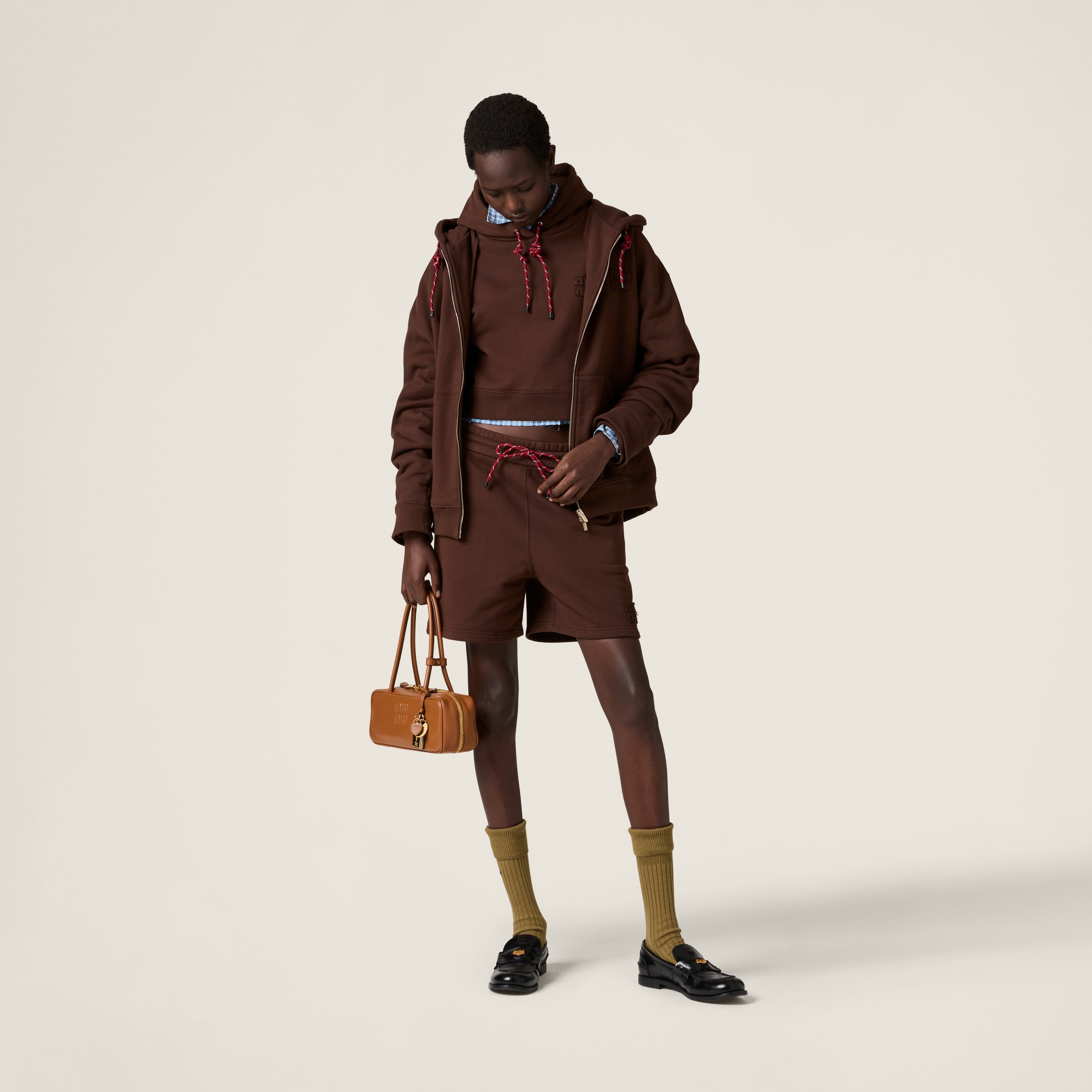 Miu Miu Cotton Fleece Shorts In Cocoa Brown