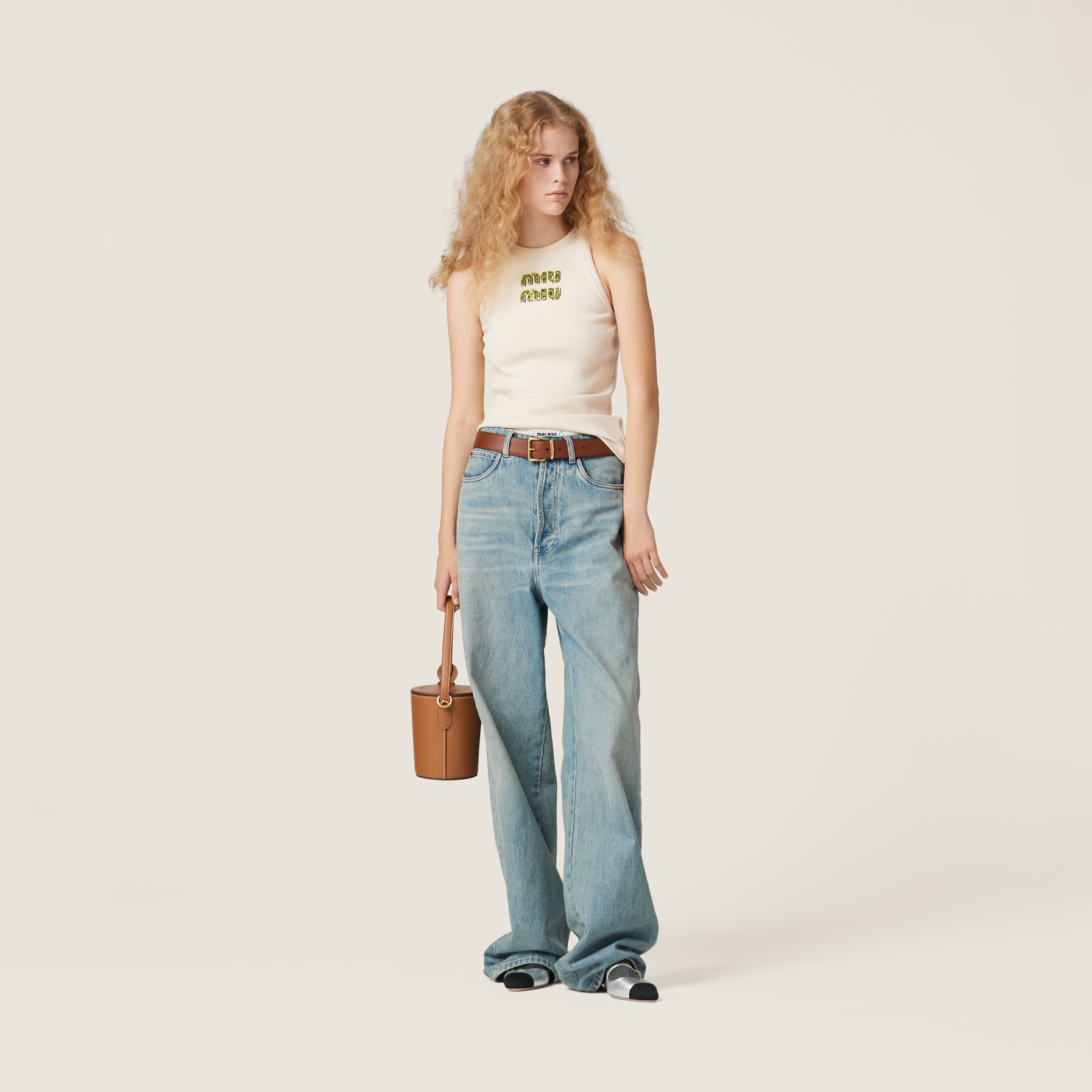 Beige+fern Green Ribbed Jersey Top With Embroidered Logo