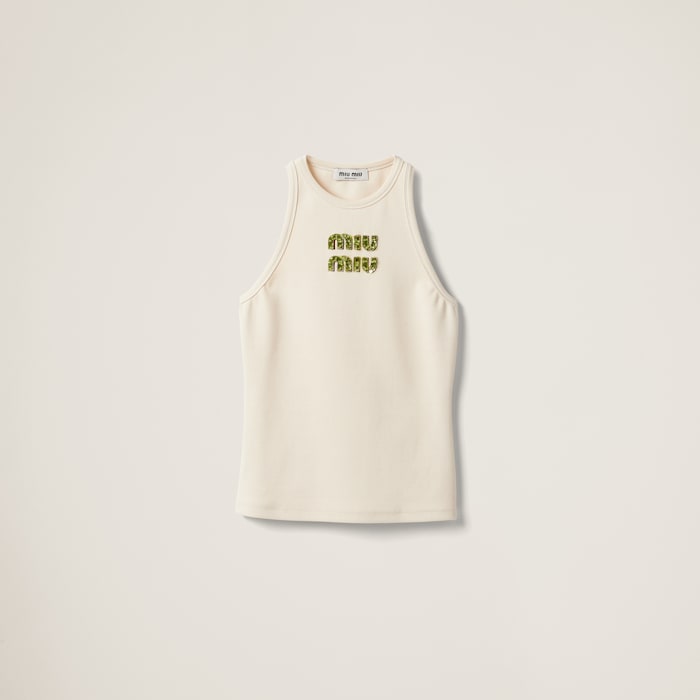 Miu Miu Logo Rhinestones White T-shirt | Lyst