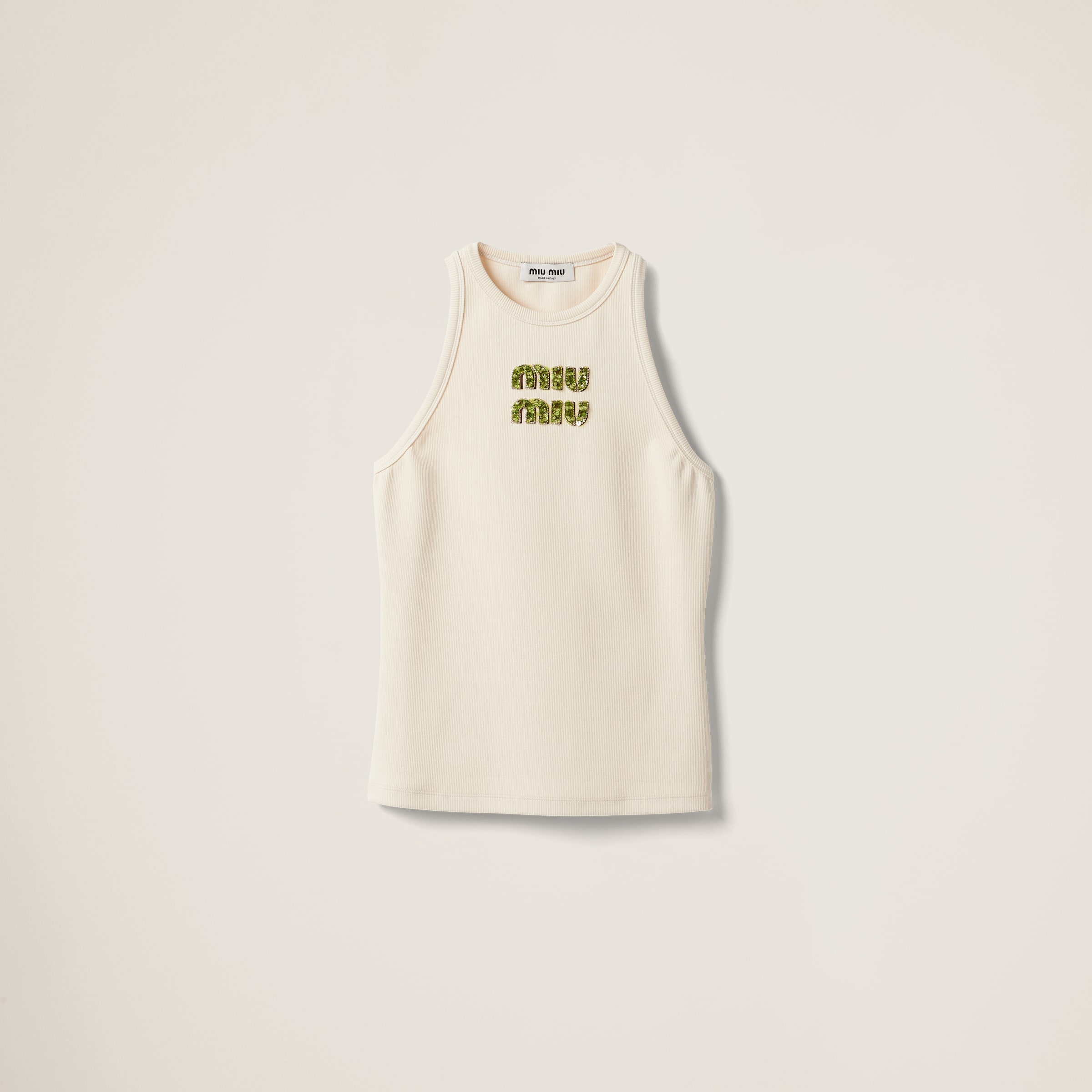 Miu Miu Ribbed Jersey Top With Embroidered Logo In Beige+fern 