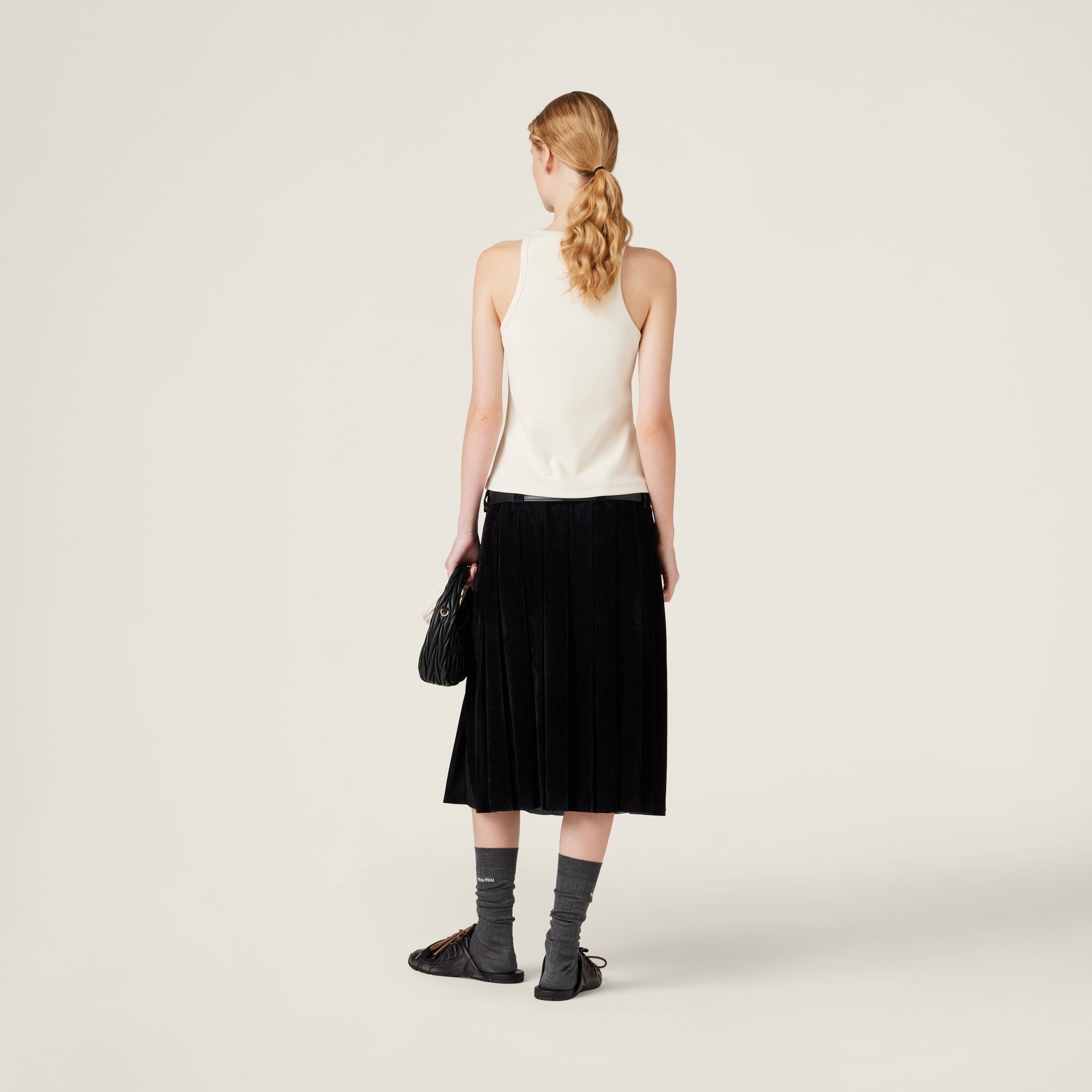 Miu Miu Ribbed Jersey Top With Embroidered Logo In Natural