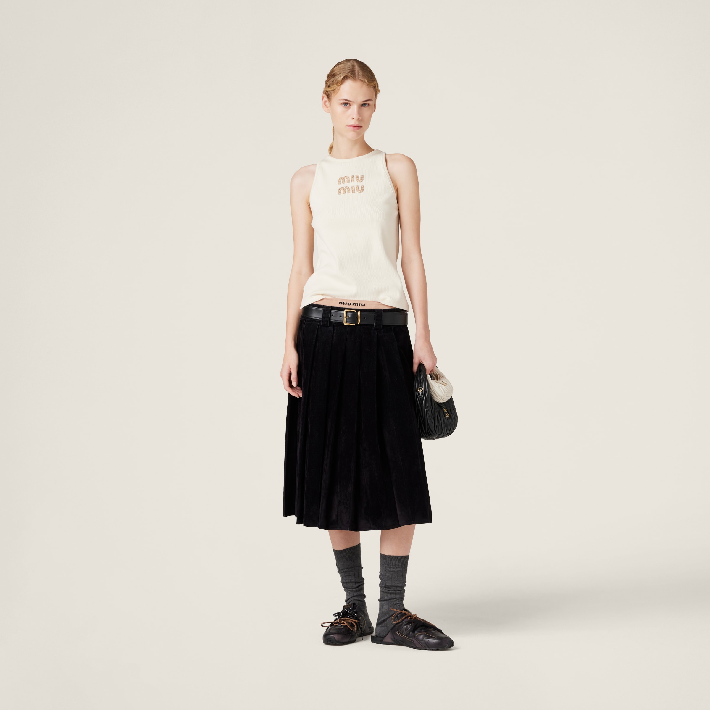 Miu Miu Ribbed Jersey Top With Embroidered Logo In Natural