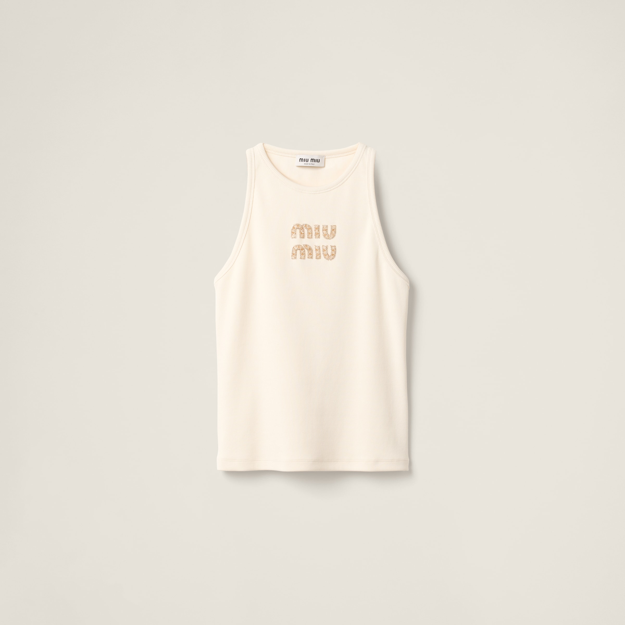 Miu Miu Ribbed Jersey Top With Embroidered Logo In Natural