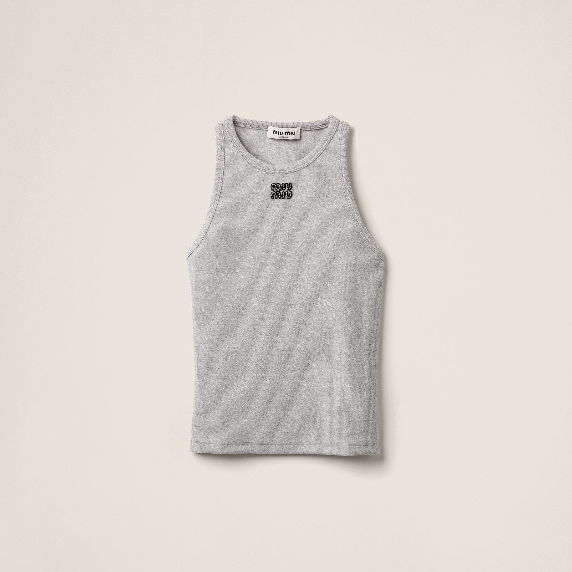 Miu Miu Ribbed Jersey Racer Top In Grey