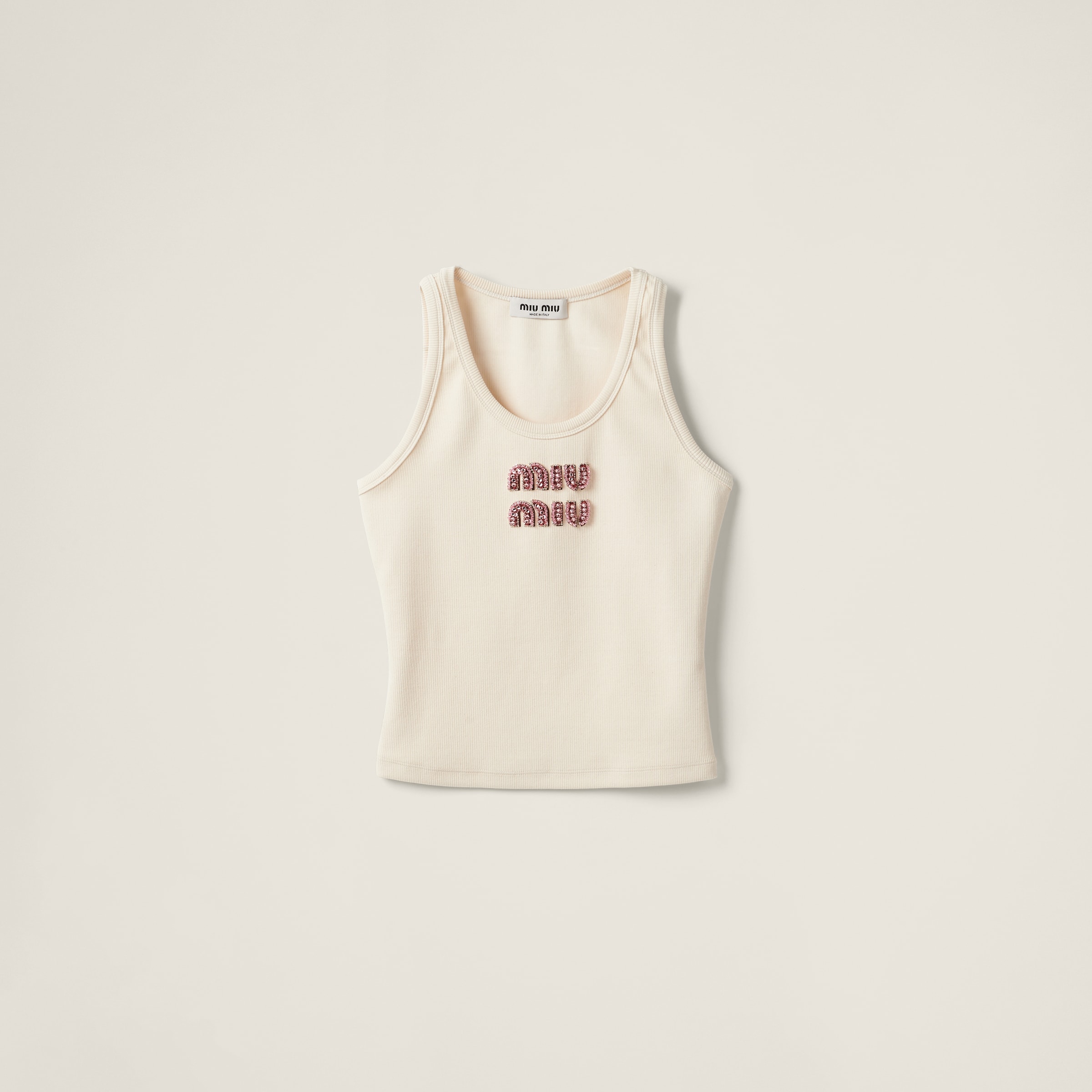 Miu Miu Ribbed Jersey Top In Tan / Pink