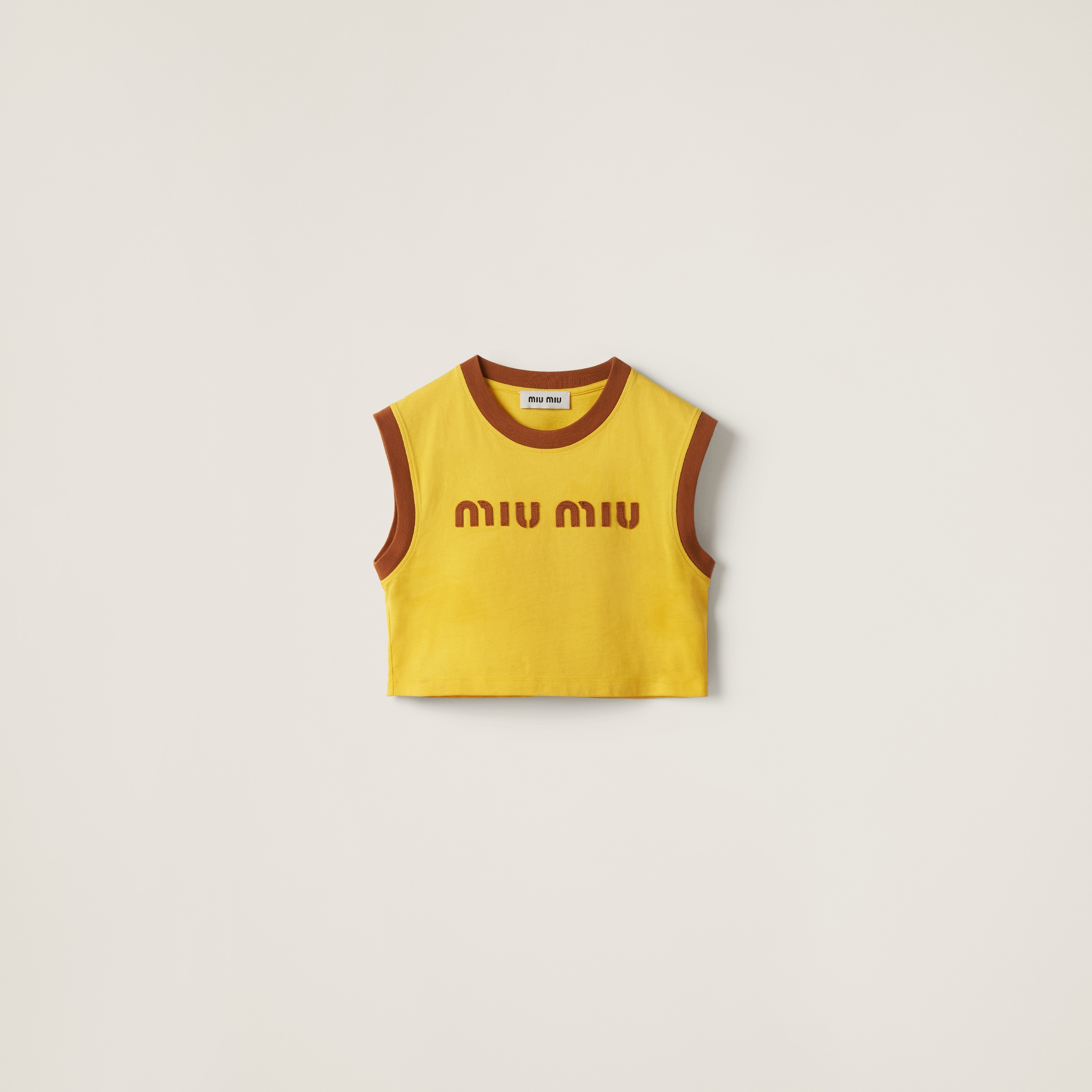 Miumiu Cotton Jersey Top With Embroidered Logo In Yellow+tobacco