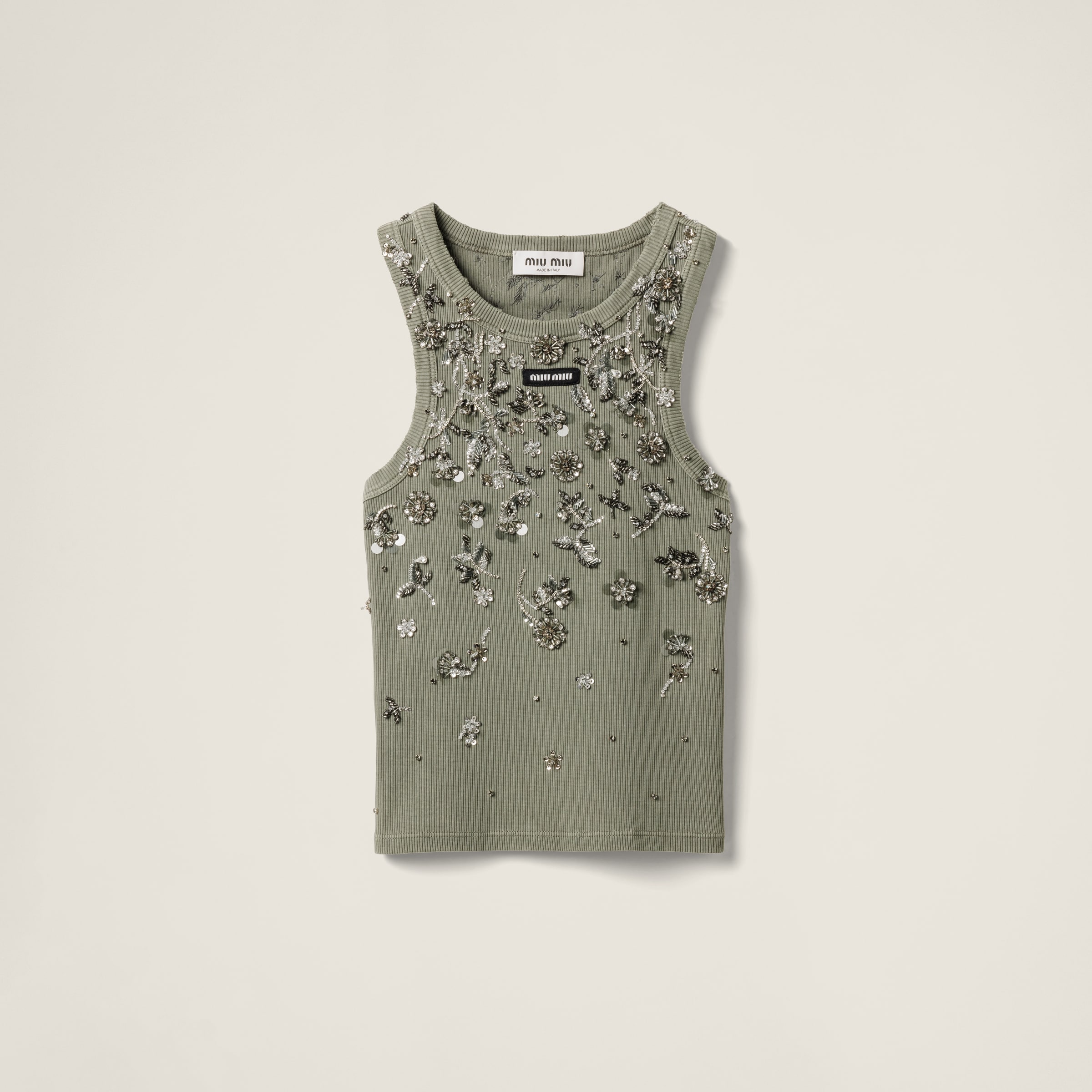 Olive Green Garment-dyed Embroidered Ribbed Knit Jersey Top