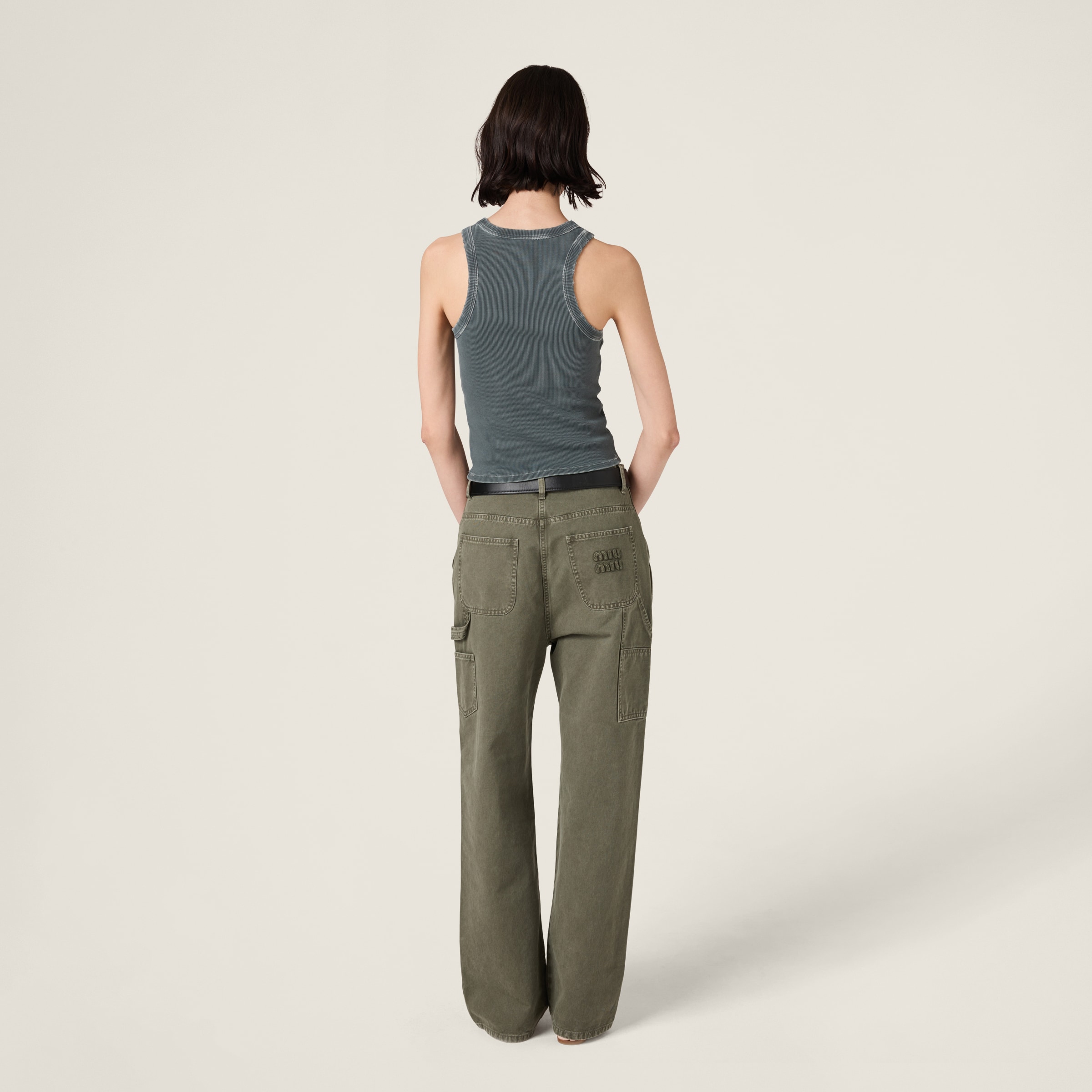 MIU MIU GARMENT-DYED RIBBED KNIT JERSEY TOP