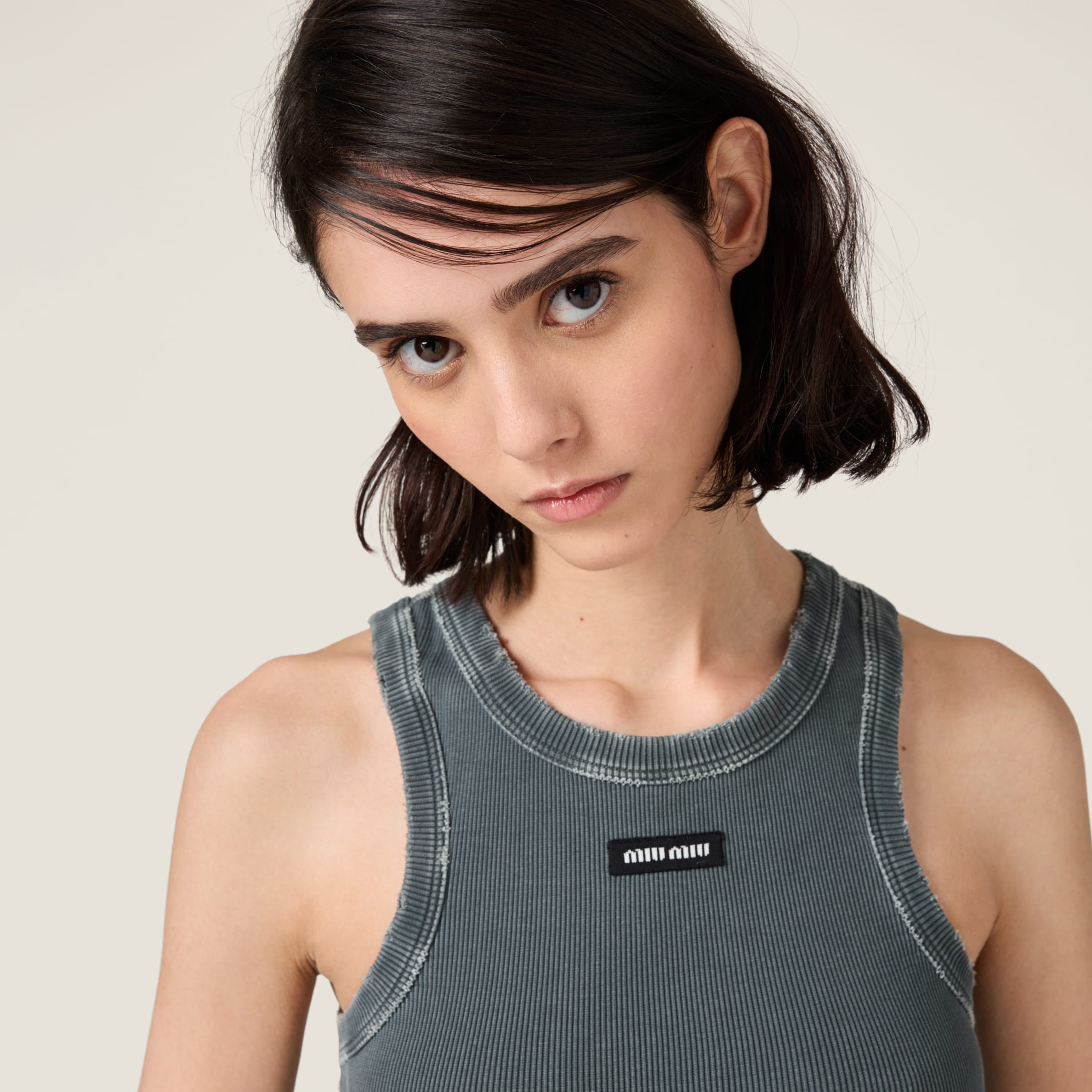 Grey Garment-dyed Ribbed Knit Jersey Top | Miu Miu