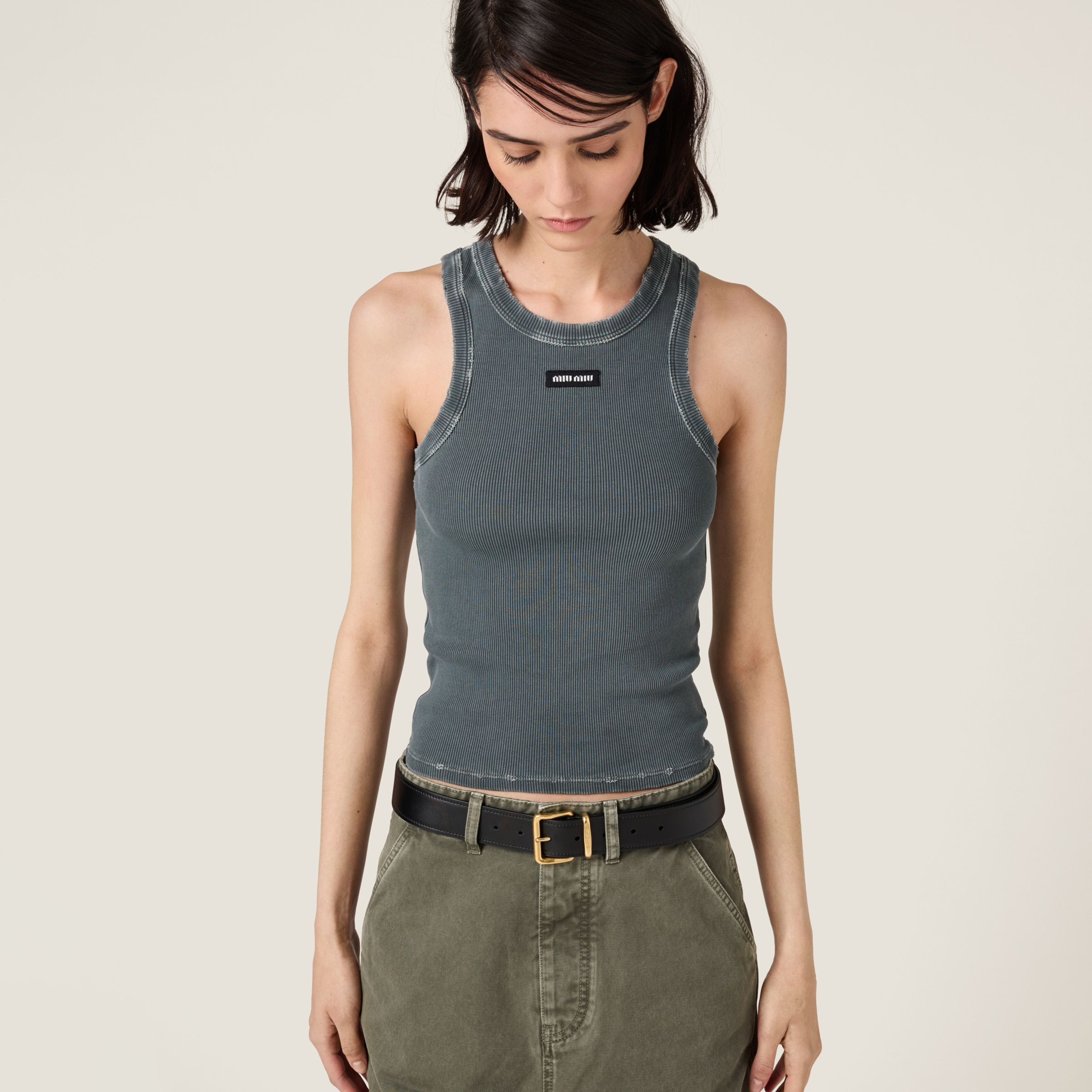 トップス m@ri Grey Garment-dyed Ribbed Knit Jersey Top | Miu Miu