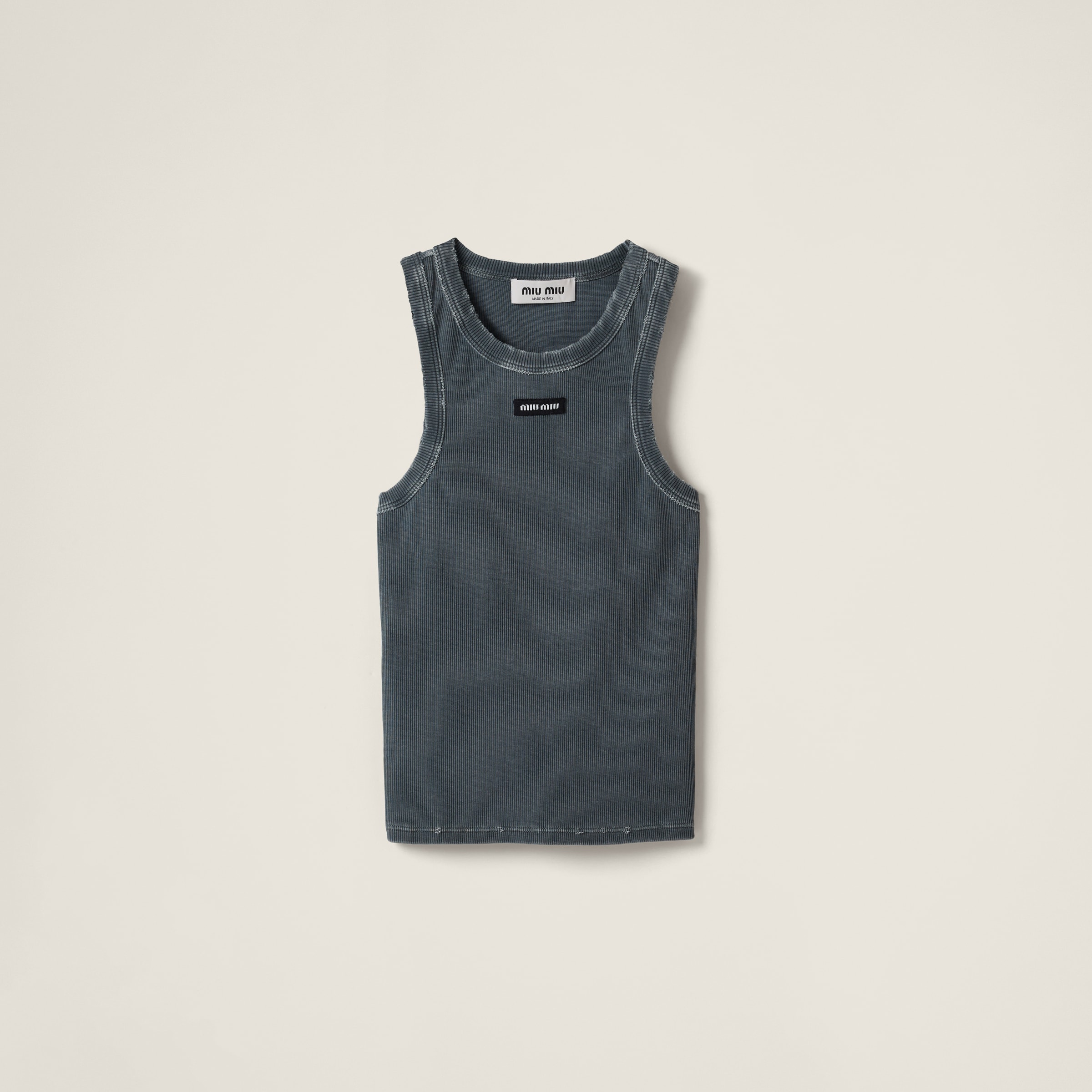 Grey Garment-dyed Ribbed Knit Jersey Top | Miu Miu