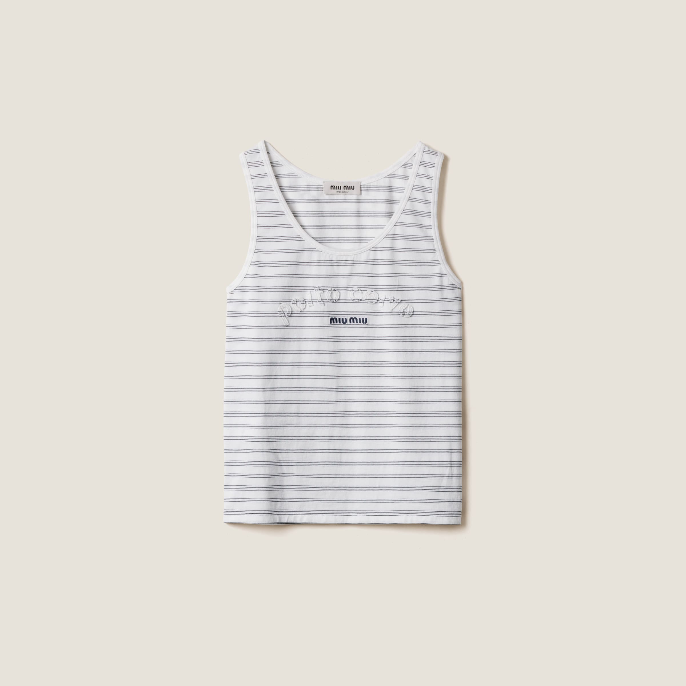 White/navy Blue Embroidered Cotton Tank Top | Miu Miu