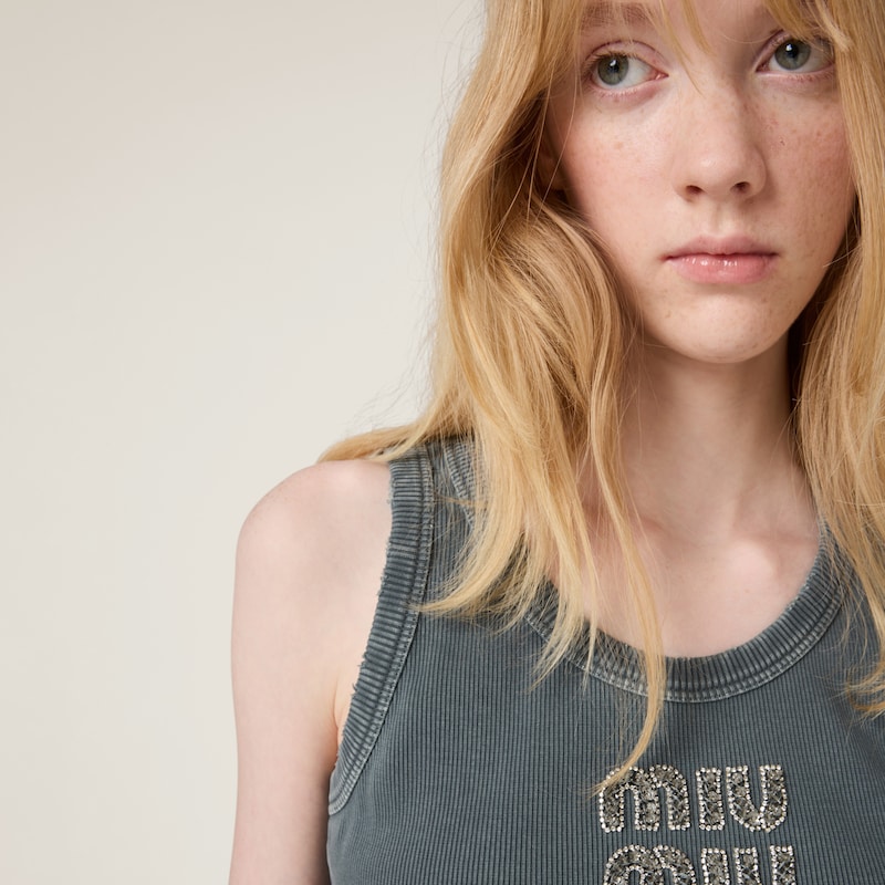 Embroidered ribbed knit jersey top